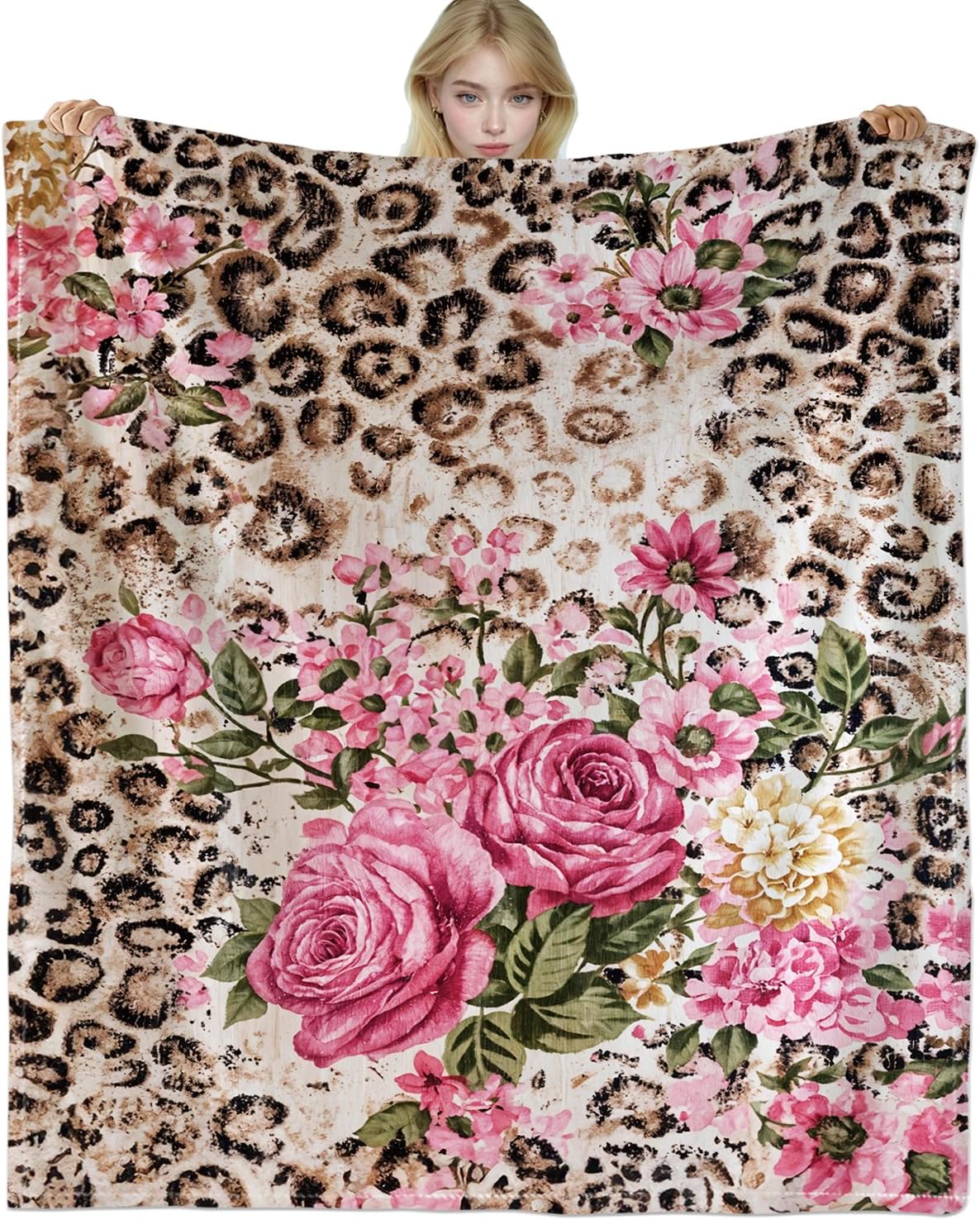Lacama Leopard Print Throw Blanket Gifts for Women, Pink Floral Leopard Blanket Lightweight Flannel for for Couch Office Travel,Home Living Room Fashionable Decor 60x50inch