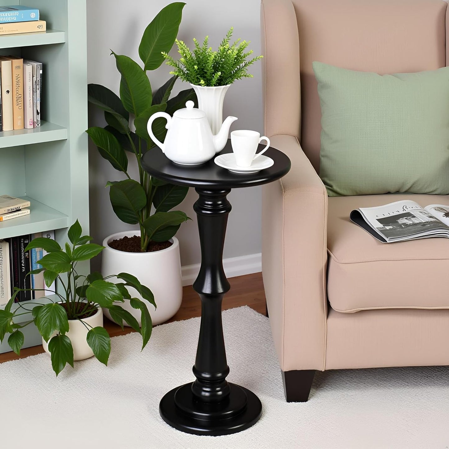 SwallowLiving Solid Wood Side Table - 12" Round Pedestal Drink Table for Small Spaces - Modern Black End Tables for Sofa Side & Narrow Nightstand - Elegant Tall Plant Stand & Accent Tables - 25" H