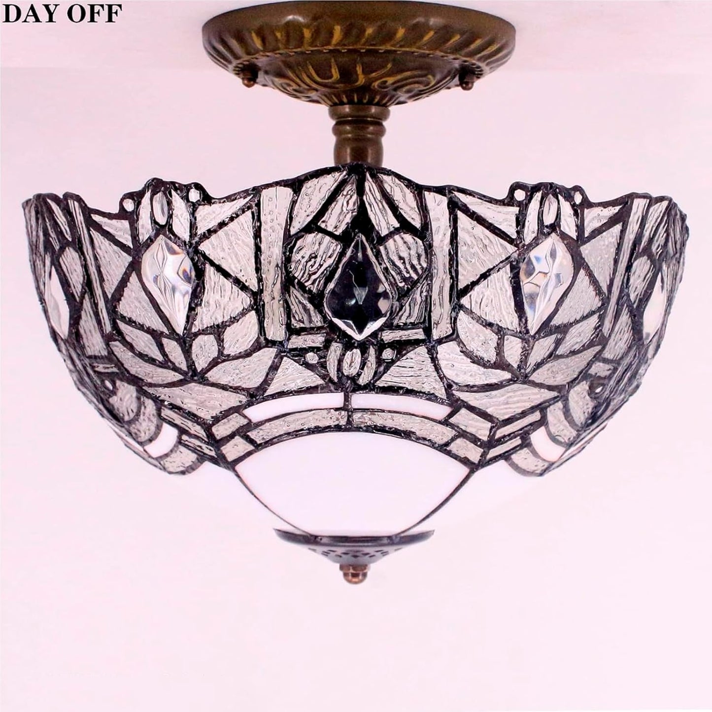 WERFACTORY Tiffany Ceiling Light Fixture Crystal Bead White Stained Glass Semi Flush Mount Lamp Wide 12 Inch, Height 11 Inch S508W Series