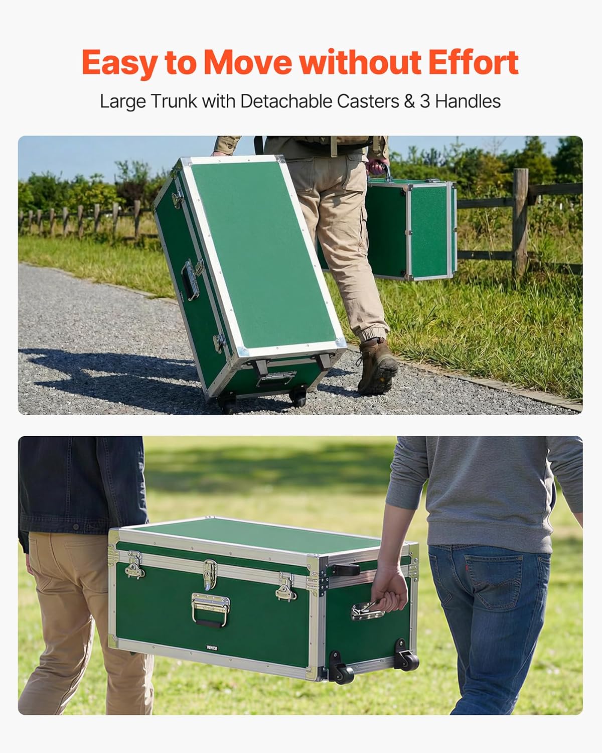 VEVOR Storage Trunk, Set of 2, Wooden Suitcase Storage Boxes with Padlocks, Large Trunk Includes Casters and 3 Metal Handles, Decorative Store Chest with Lids for Travel, Apartment, Dorm, Green