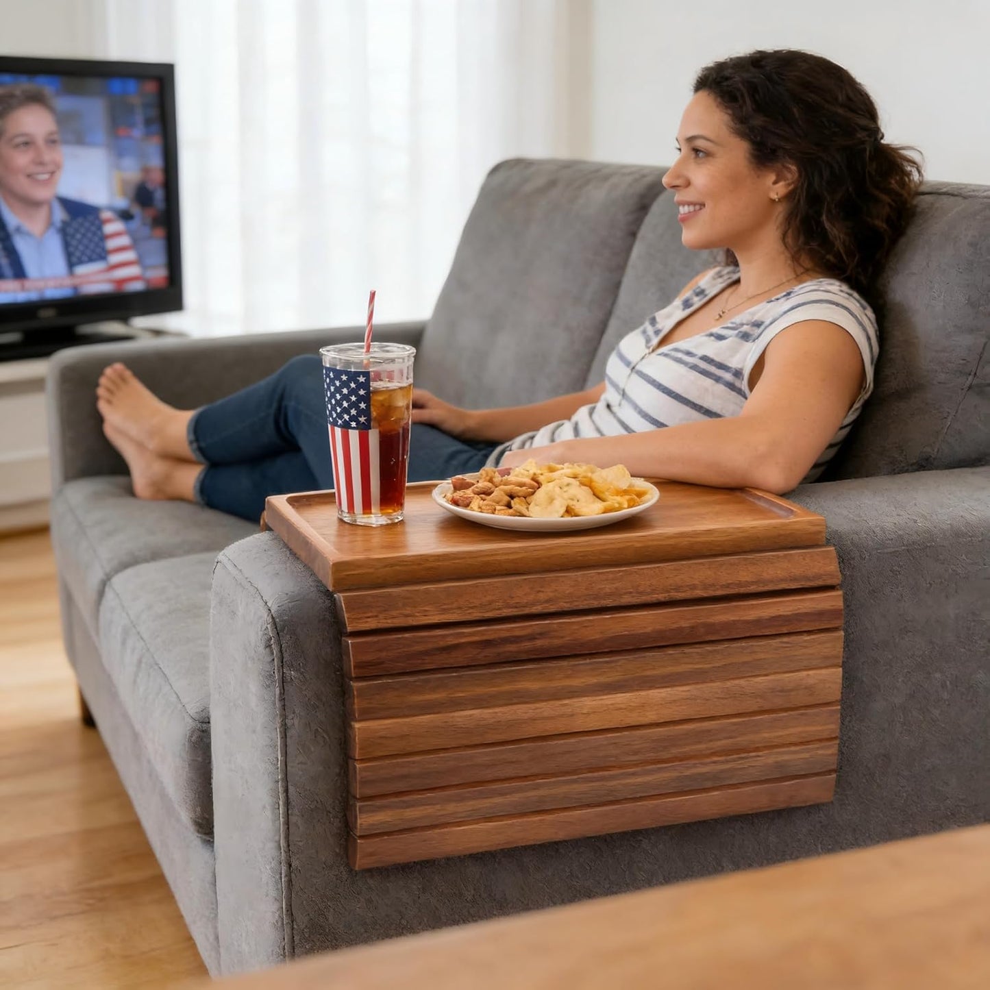 Acacia Wood Couch Armrest Table, Couch Arm Tray, Foldable Anti-Slip Bamboo Couch Tray, Sofa Cup Holder for Drink Snacks Remote Control