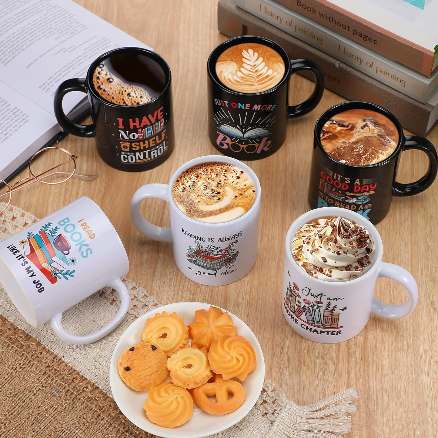 6 Pack Book Lover Coffee Mugs 11oz Ceramic Tea Cups with Funny Reading Quotes Literary Gifts for Bookish Librarians Teachers Readers Book Club Library Lovers