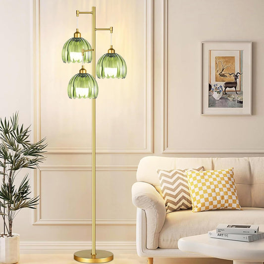 Gold Floor Lamps for Living Room Bedroom-3 Light Glass Floor Lamp with Three Led Bulb, Rustic Tall Floor Lamp Gold Standing Lamp Tree Floor Lamps for Living Room Bedroom,Office,Corner