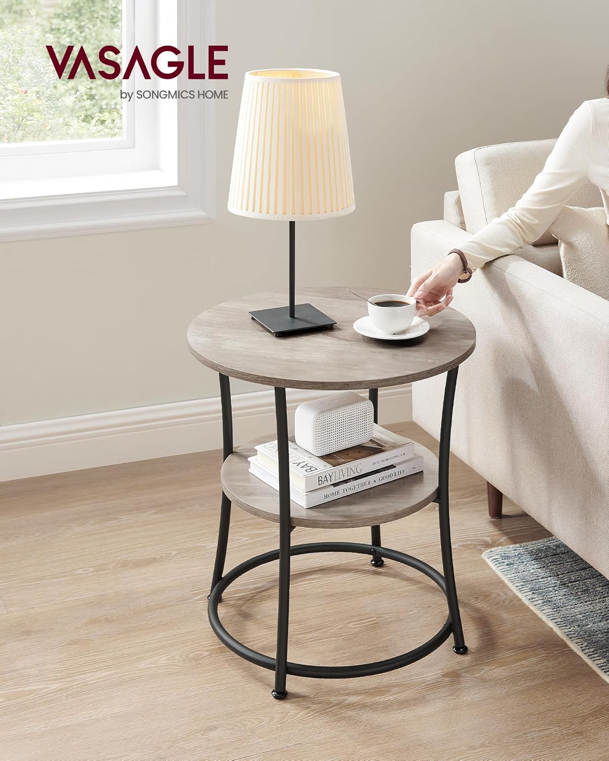 VASAGLE 21.7-Inch Round Side Table, 2-Tier End Table, Nightstand with Steel Frame, Spacious Top, for Small Spaces, Living Room, Bedroom, Heather Greige and Ink Black ULET56BG | 2 Storage Shelves, Living Room, Bedroom, Nightstand, Small Spaces, Accent Coff