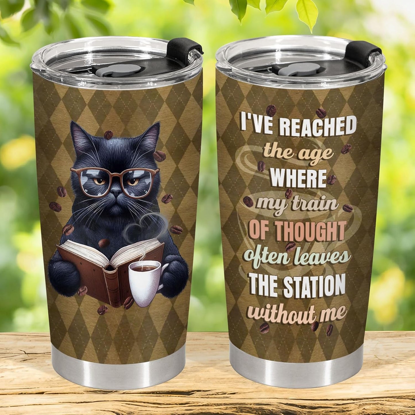 34HD Cat Bookish Tumbler 20oz Stainless Steel Insulated Travel Coffee Cup - Funny Book Lover Gift for Feline Mom on Birthday, Mother's Day & Christmas