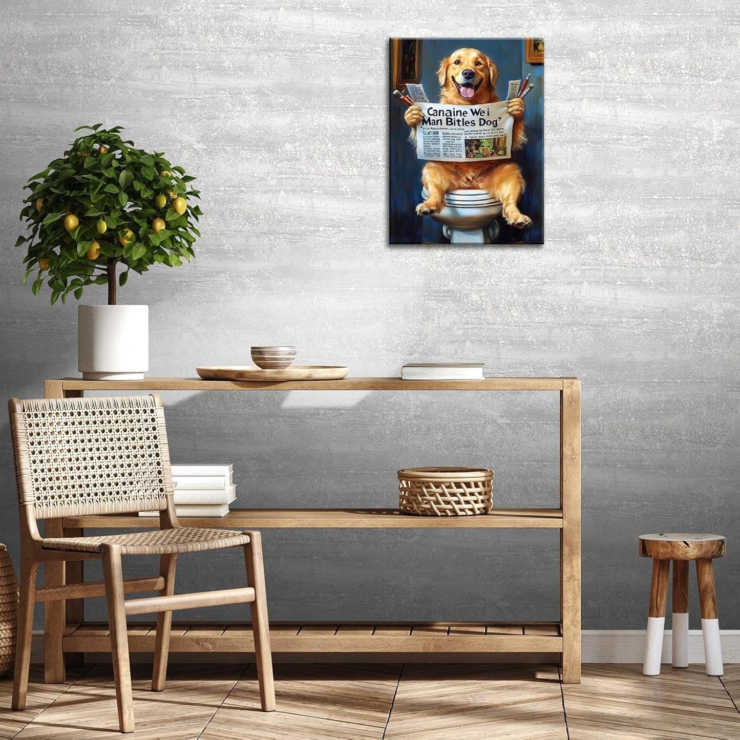 DEORAIO Golden Retriever Reading Newspaper on Toilet Wall Art Funny Pet Picture Bathroom Decor Modern Home Humor Framed Ready to Hang 12x16 inches