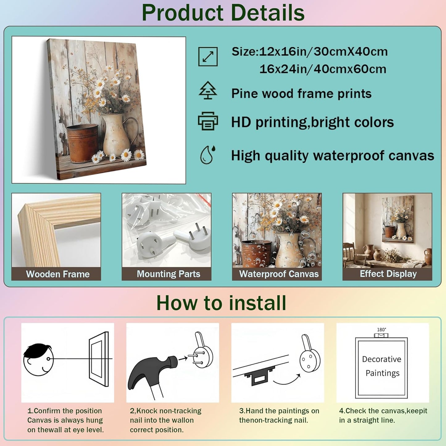 Rustic Farmhouse Daisy Floral Canvas Wall Art Vintage Neutral Country Wall Decor Picture Still Life In Vase Poster Print for Bathroom Living Room Bedroom Home Paintings Decoration Prepare To Hang