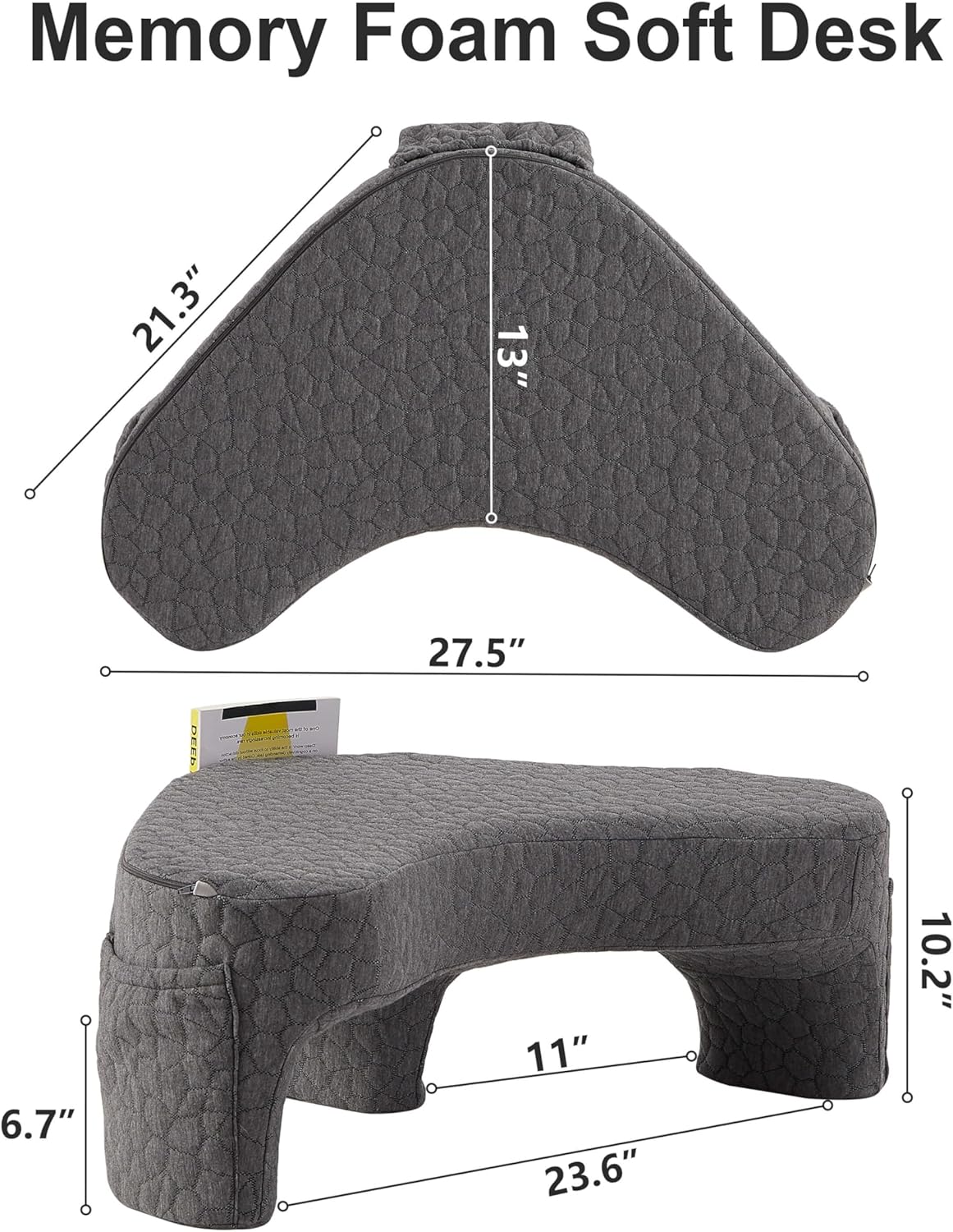 Heart Shaped Reading Pillow for Lap,Ergonomic Memory Foam Rest Pillow with 3 Side Pockets,Soft Lap Desk Pillow,Crochet Support Pillow,Arm Rest Pillow for Reading,Working,Gaming in Bed Sofa Floor(Grey)