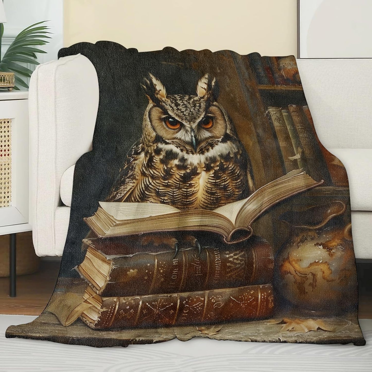 Owl Blanket,Gifts for Animal and Nature Lovers,Lightweight Flannel Throw Blankets,Retro Bird with Book in Library Throws Home Decor,for Couch Living Room Office,60x50inch