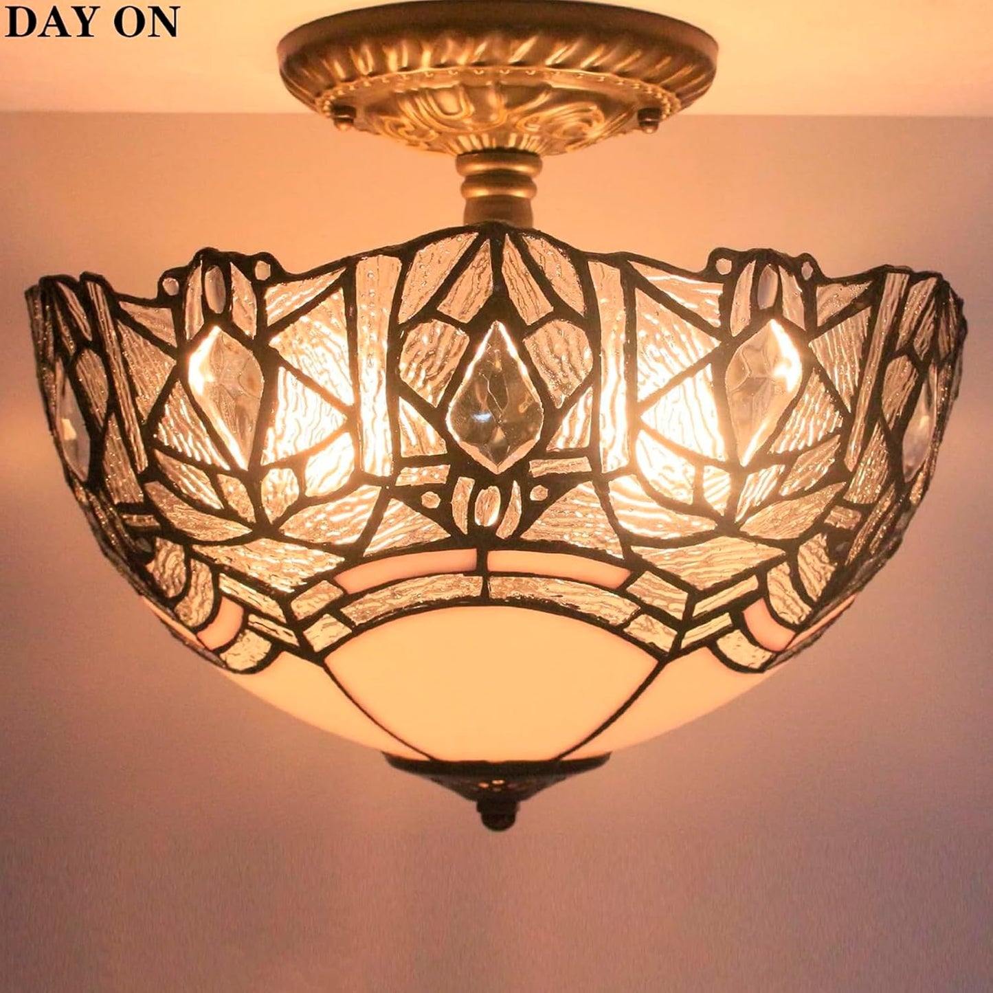 WERFACTORY Tiffany Ceiling Light Fixture Crystal Bead White Stained Glass Semi Flush Mount Lamp Wide 12 Inch, Height 11 Inch S508W Series
