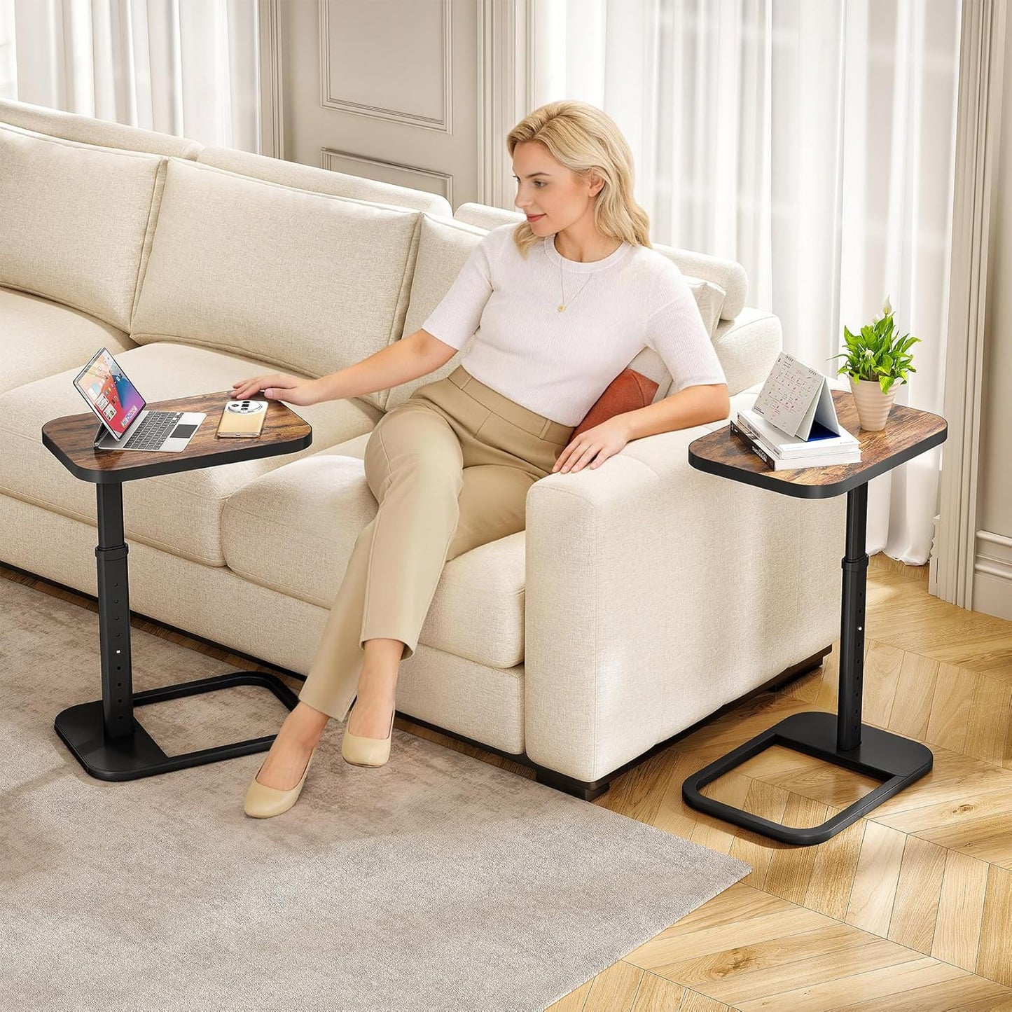 Kitstorack Adjustable Height C-Shaped End Table, 9-Level Side Table with Metal Rounded Edge, Couch Table that Slides Under Sofa or Bed for Eating, Working, and Drinks, TV Tray for Small Spaces, Brown