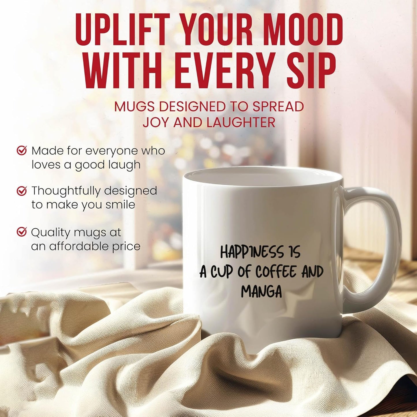 Hapiness Is Coffee And Manga Mug - Cup - Comic Reader Funny Gift From - Graphic Tea Mugs - Fan Cups - 11 Oz Ceramic Gifts For Book Birthday, Him, Her, Reading Fandom, Illustrative Collector