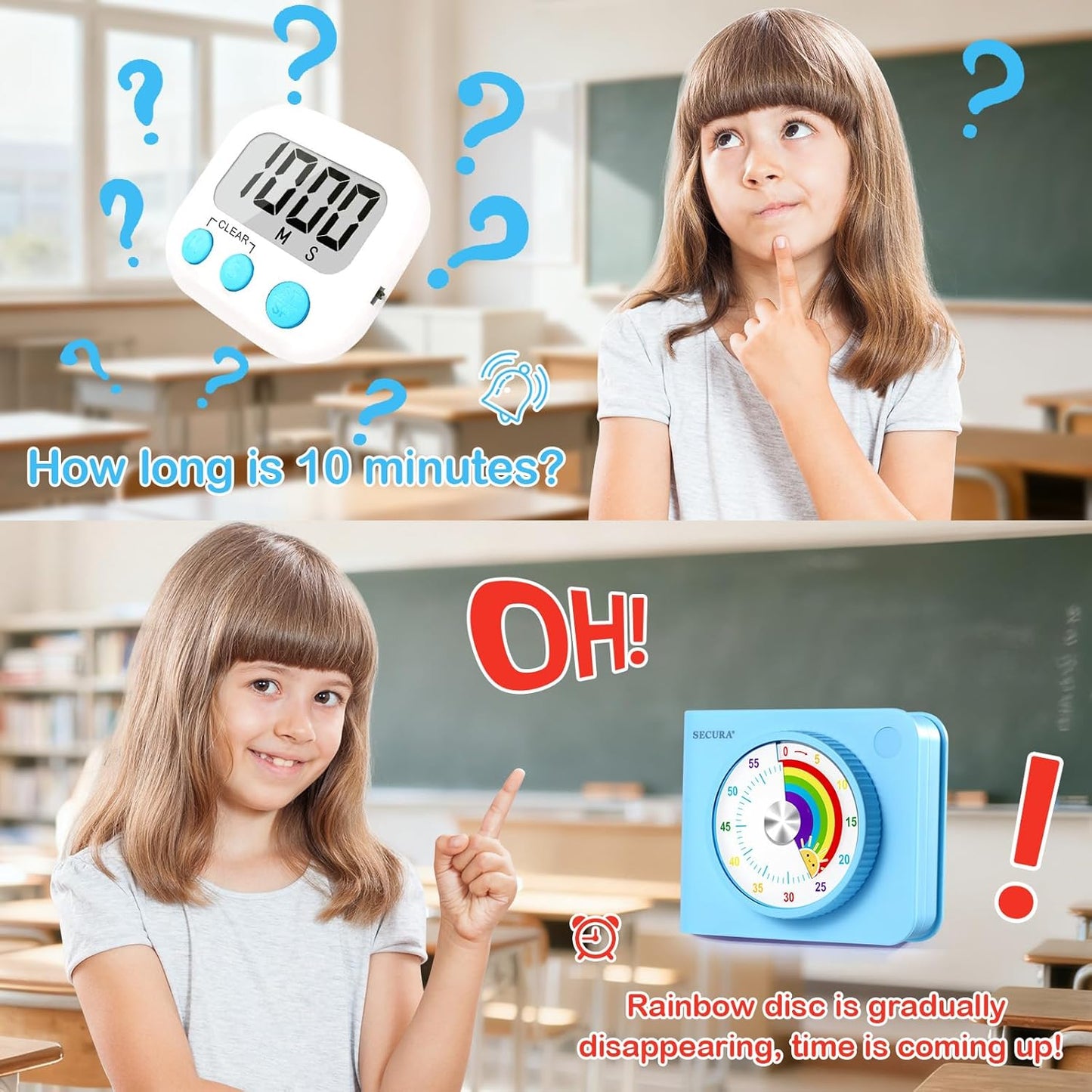Secura Visual Timer for Kids – 60-Minute Classroom Countdown Timer with Color Disc, Time Management Tool for Kids, Teachers & Parents, Silent & Beep Modes, Magnetic Back & Stand (Blue)