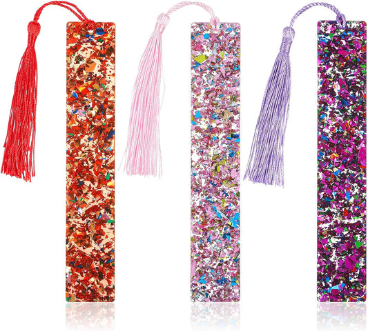 3PCS Glittering Bookmarks, Glitter Acrylic Bookmarks Transparent Glitter with Colorful Silk Tassels for Women Girls Reading Gifts