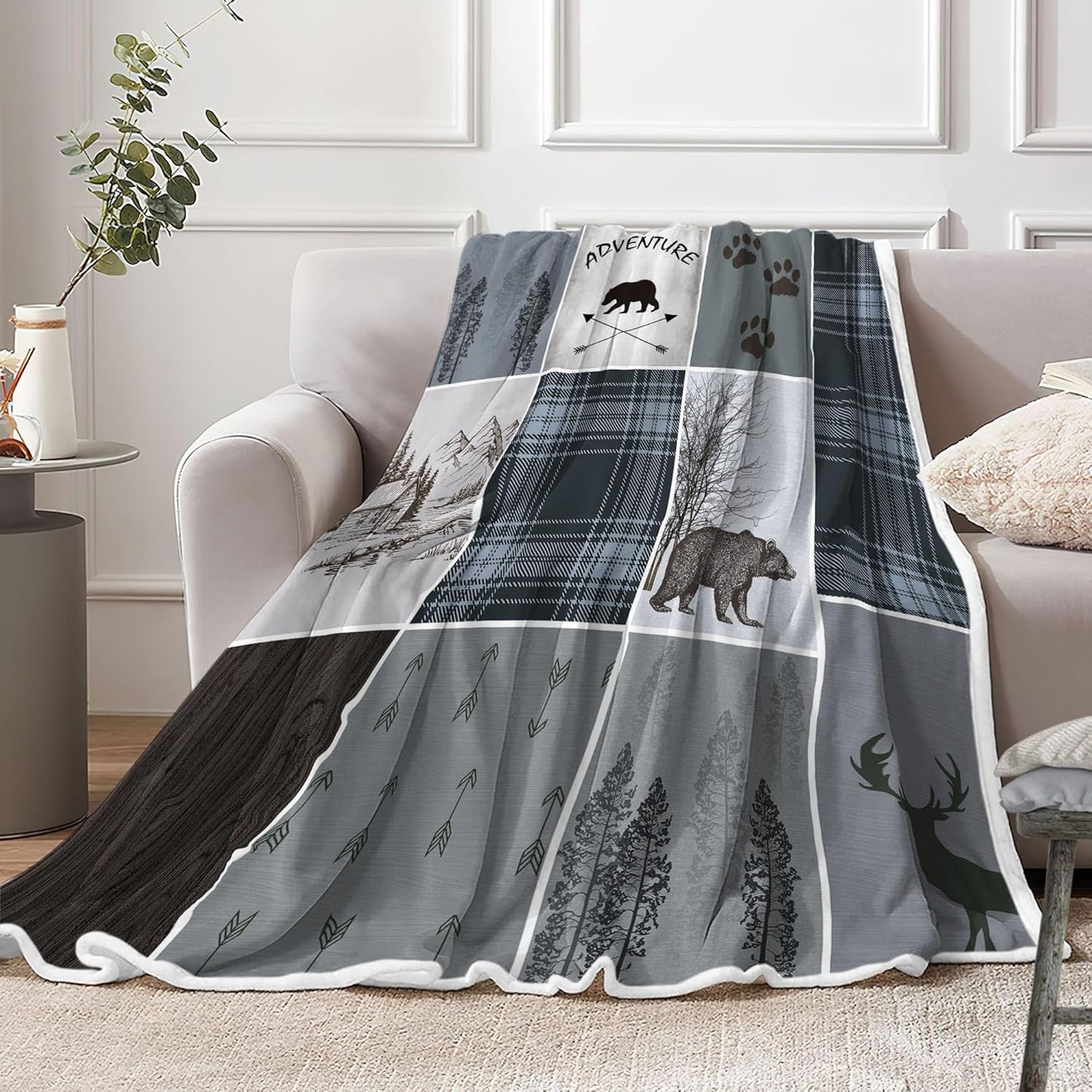 Rustic Cabin Bear Deer Weighted Thick Throw Blanket for Couch, Dusty Blue Hunting Camper Woodland Farmhouse Lodge Plaid Check Soft Cozy Chunky Fleece Flannel Blanket for Bed Office (50X60 Inches)
