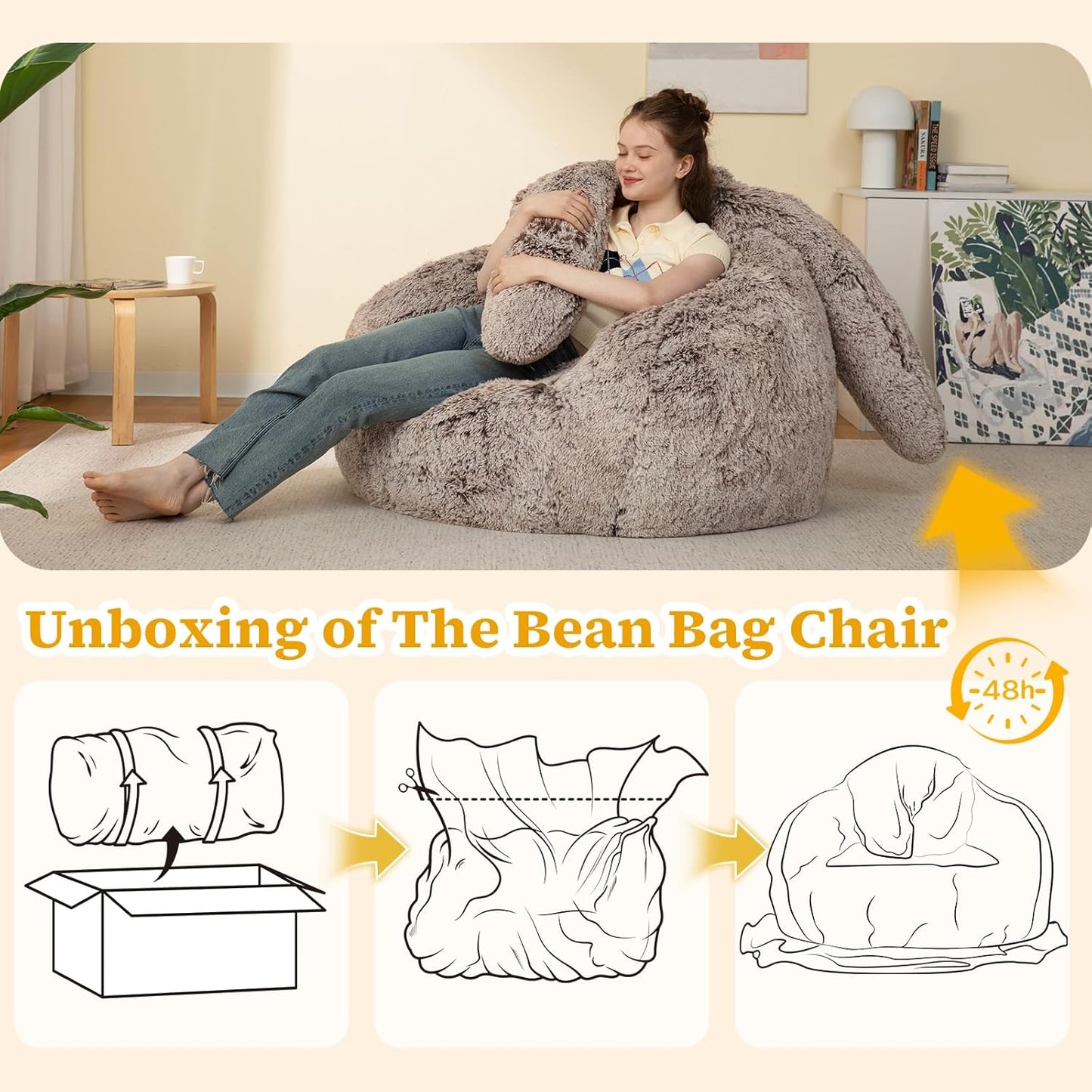 Bean Bag Chair for Adults Kids Giant Fluffy Plush Bean Bag Sofa with Filler Faux Fur Rabbit Shaped Beanbag Chairs Comfy Accent Floor Couch for Gaming, Reading in Bedroom, Living Room, Dorm