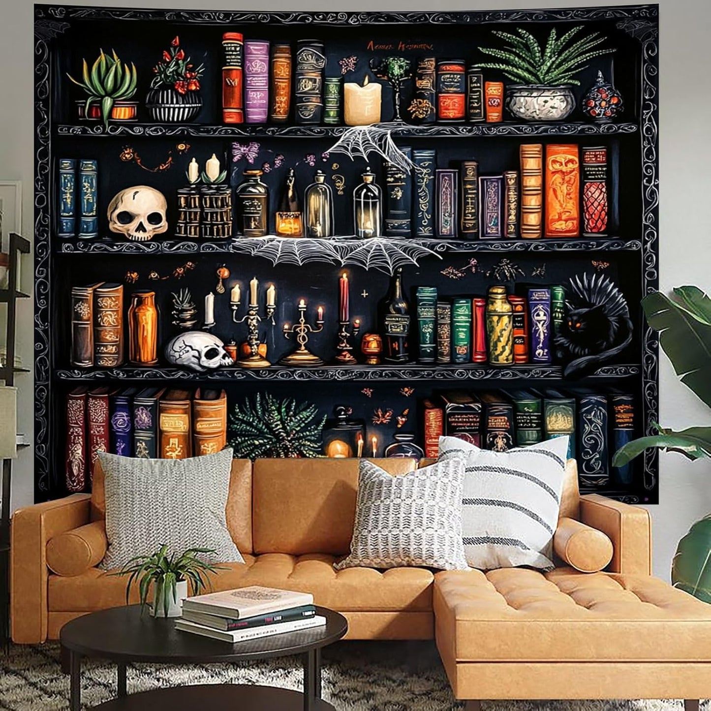 Algasan Magic Bookshelf Tapestry Magical Book Tapestry Gothic Witchy Vintage Library Skull Potion Black Cat Candle Botanical Backdrop for Bedroom Living Room Dorm 78.7 x 59.1 Inches