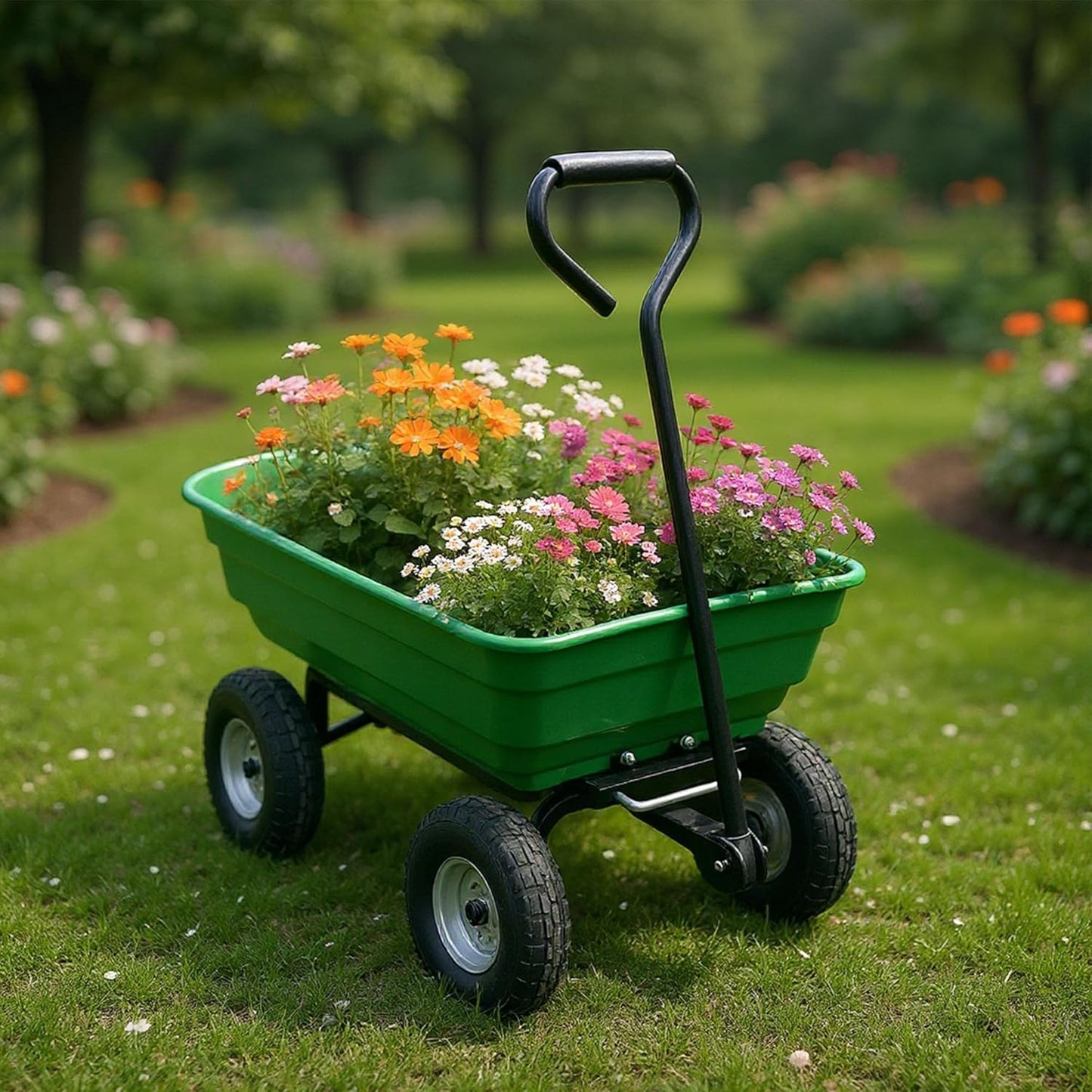Garden Wheelbarrow Cart, Heavy-Duty Utility with Four Wheels, Built-in Stand, Ideal for Home, Yard, and Garden - Green