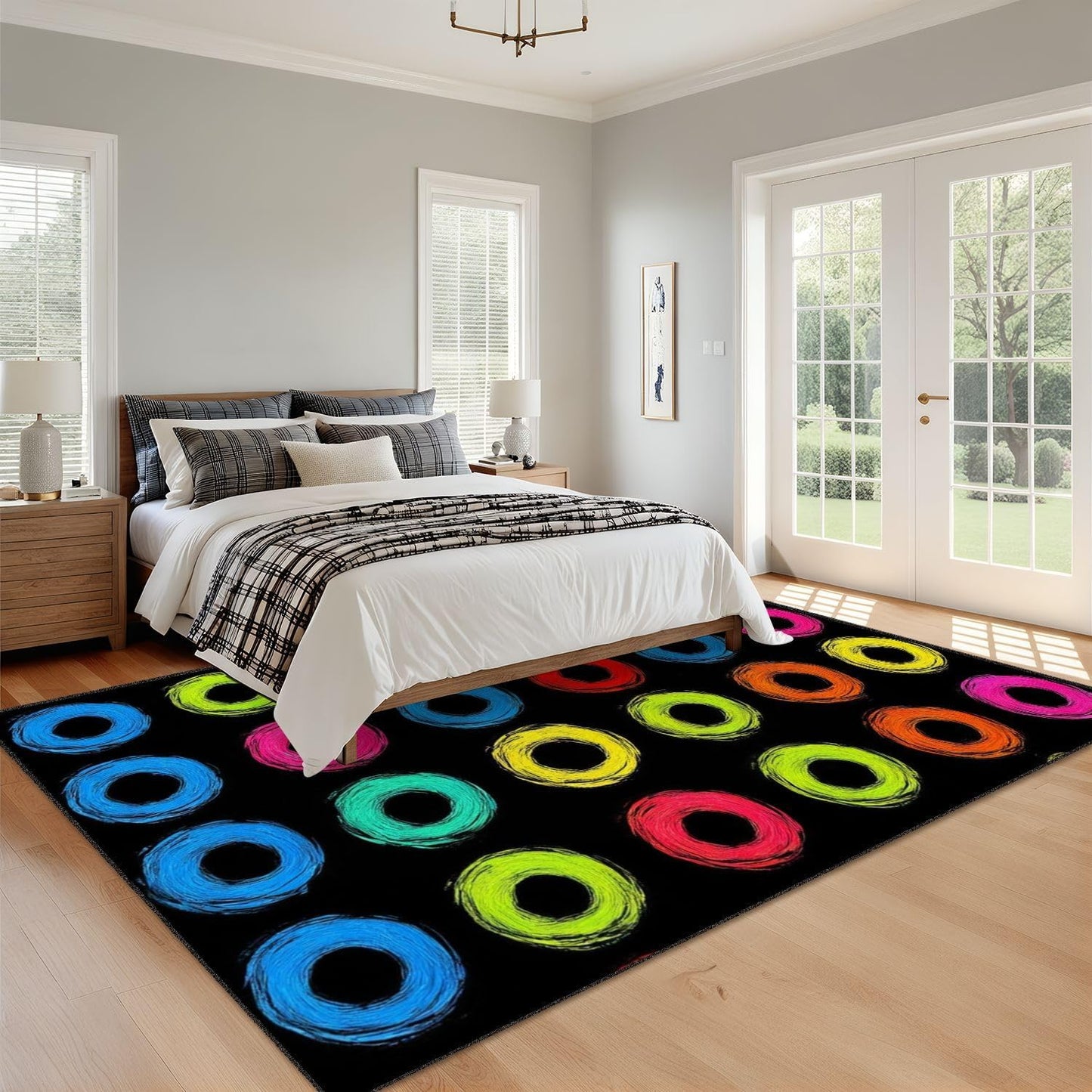 9x12 Area Rugs for Classroom Boho Washable Rug for Playroom Abstract Black Colorful Handpainted Circles Rings Geometric Carpet for Kids Soft Rubber Backed Non-Slip Carpets for School Learning Room
