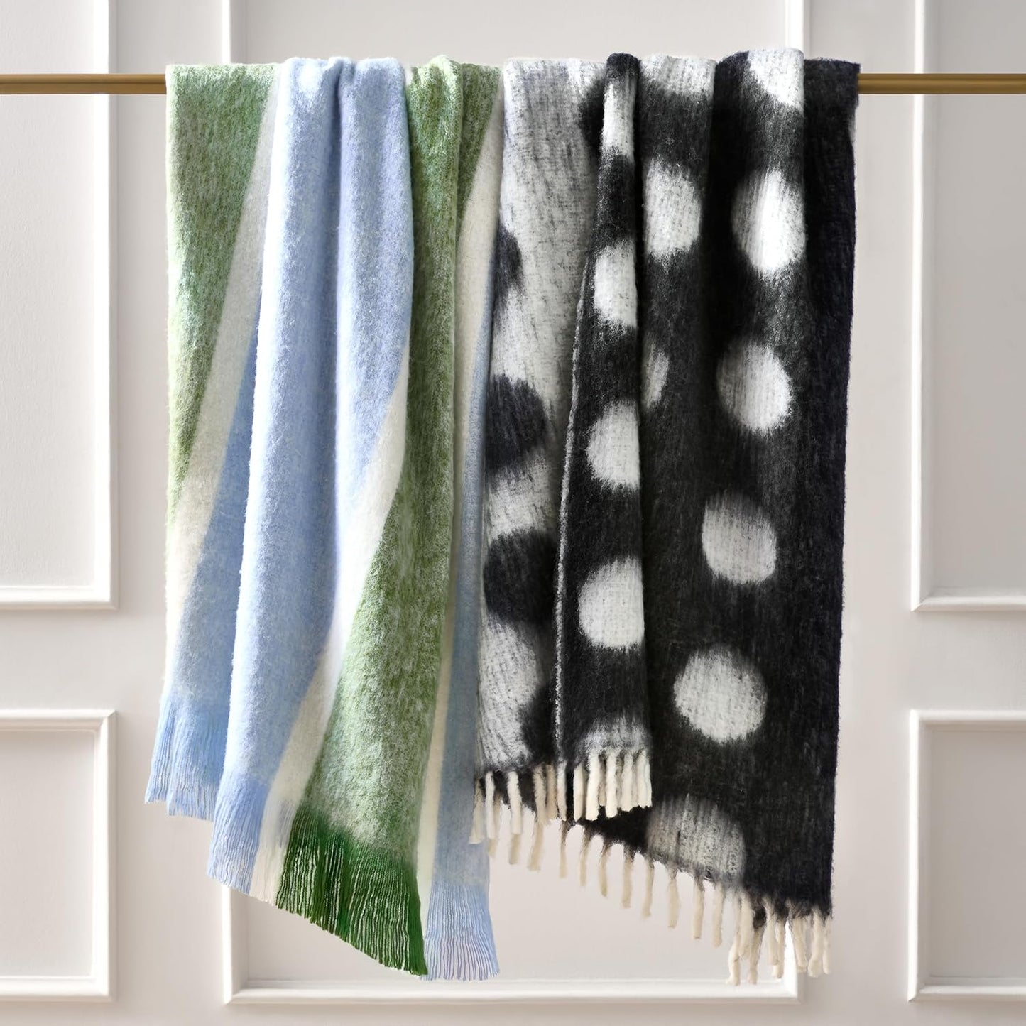 kate spade new york Dots Throw, 50" x 70", Mohair Blend Decorative Throw for Couch, Bed, Sofa, Brushed Dots Design with Fringe, Home Decor for Living Room, Bedroom, or Dorm, Black & White