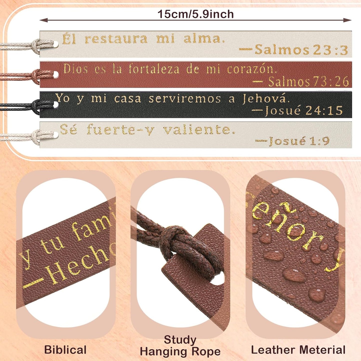 Skyygemm 10 Pcs Spanish Christian Bible Bookmarks for Women Leather Bookmarks Spanish Bible Gifts for Women Book Lovers Readers Church Book Club(Black Brown)