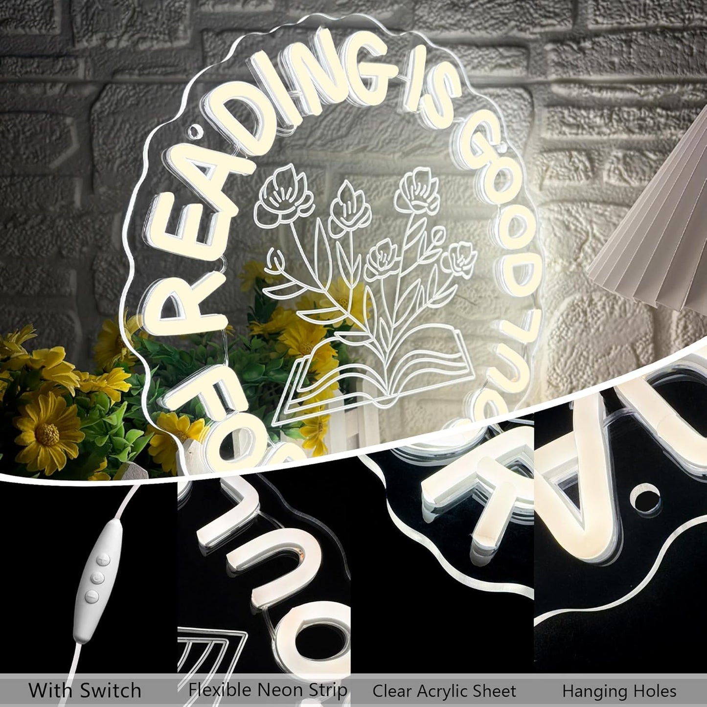 Reading Is Good For The Soul Neon Sign, Dimmable Motivational Wall Neon Sign Book Light for Book Lovers Wall Decor Home Office Library, Gift for Readers(13 * 13in)