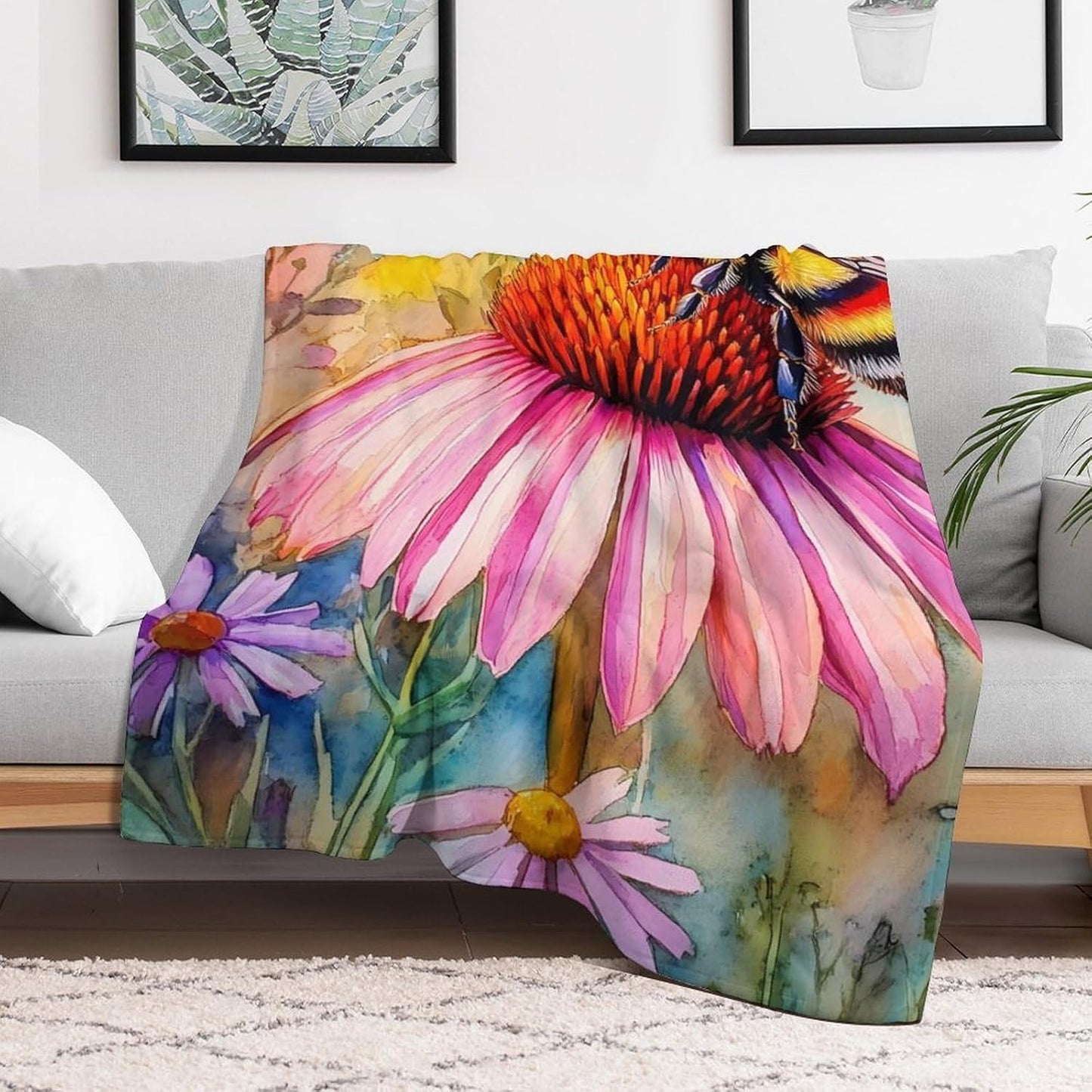 Bee Flowers Throw Blanket for Couch Bed Plush Cozy Fuzzy Flannel Blanket for All Season 40"x60"