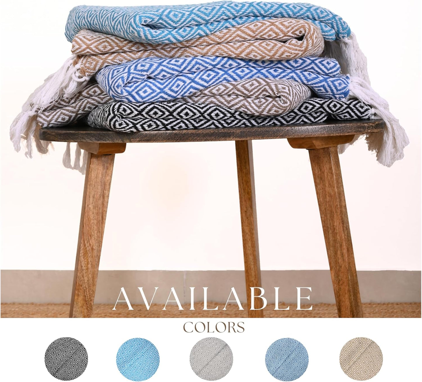 RAJRANG Throw Blanket Cotton with Tassel - 50x60 Inches Soft 100% Cotton Boho Decorative Farmhouse Throw for Bed Sofa Chairs and Couch Caribbean Sea Blue