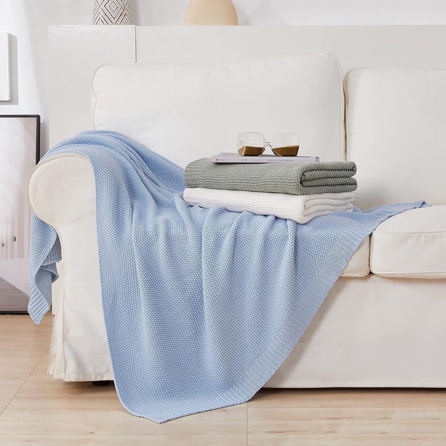 Longhui bedding 100% Cotton Light Blue Cable Knit Throw Blanket for Couch Sofa Bed Home Décor – Lightweight 50“ x 60”, Bonus Laundering Bag, Machine Washable