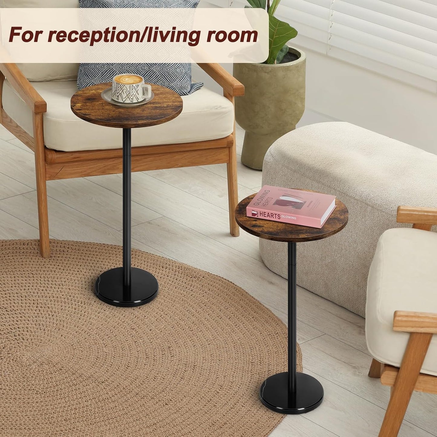 smusei 2 Pack Small Round Side Table Drink Table with Marble Base Pedestal Table for Small Spaces Round End Table for Living Room Bedroom Home Decor, Brown