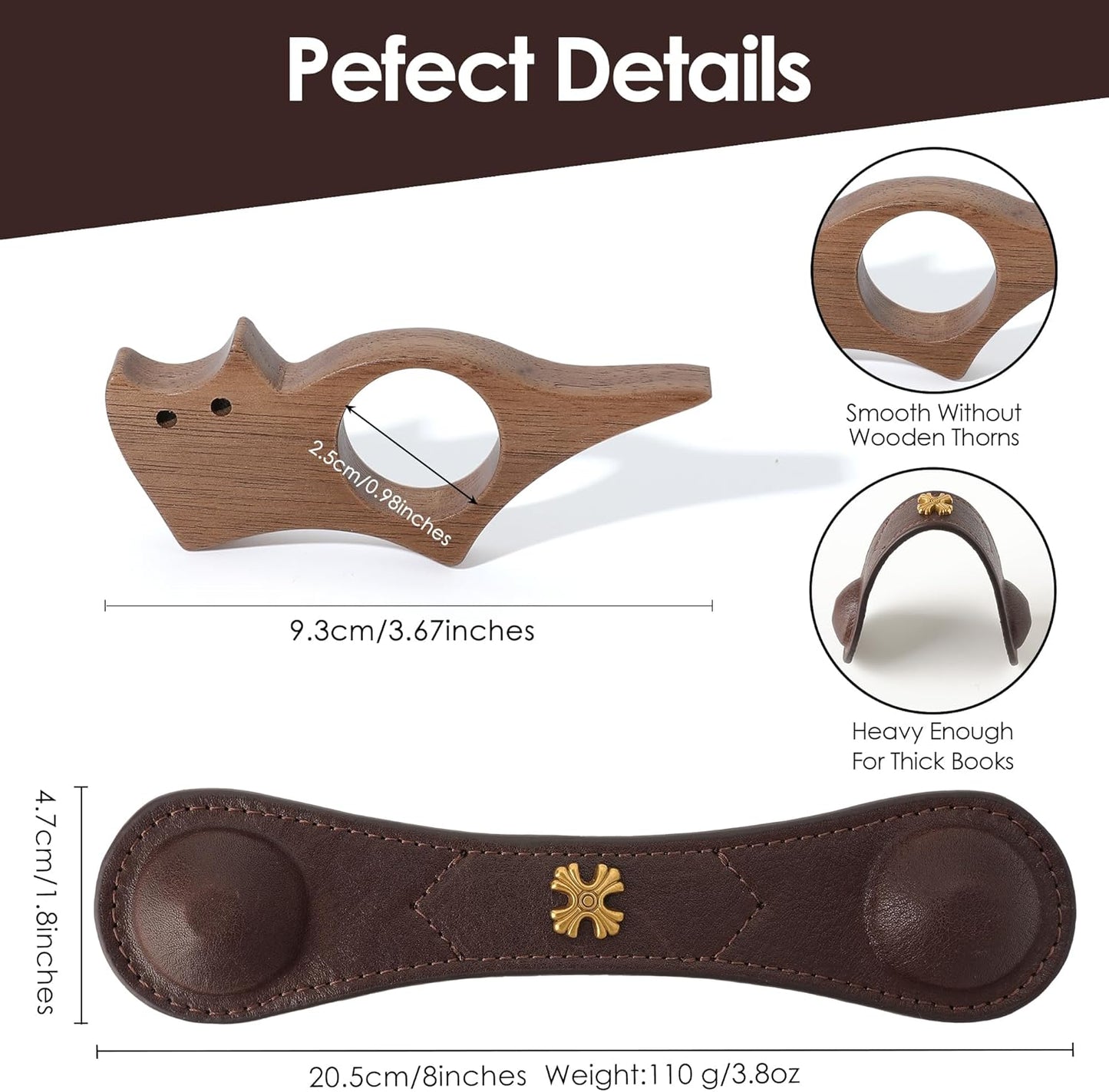 Wooden Book Thumb Page Holder for Women Men Leather Weighted Bookmarks Book Weight Page Holder Reading Accessory Gift for Reader Writer Lover Book Worm Mom Father Gift (PH02Page Holder-Cat, Large)
