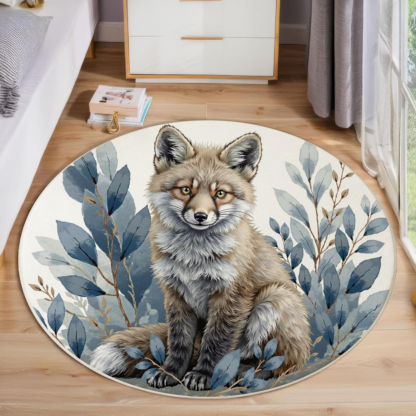 Round Area Rug, 3Ft Washable Non-Slip Blue Gray Watercolor Fox Leaves Circle Rug, Soft Low-Pile Realistic Animal Style Indoor Small Circular Carpet for Bedroom Entryway Dining Living Room