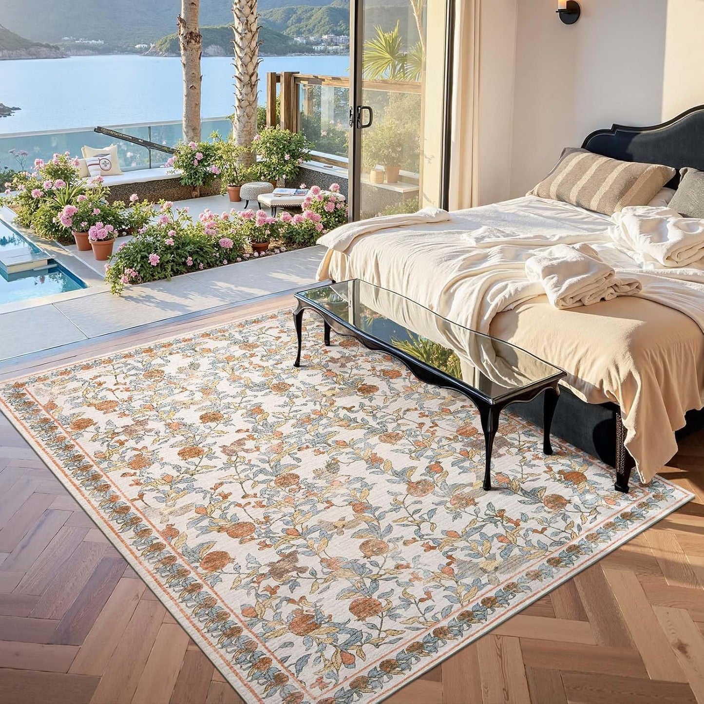 jinchan Eden Floral Area Rug 6x9 Washable Vintage Soft Non-Slip Distressed Orange Fall Decor Carpet Low Pile Accent Rug for Living Room Kitchen Bedroom Dining Room Nursery