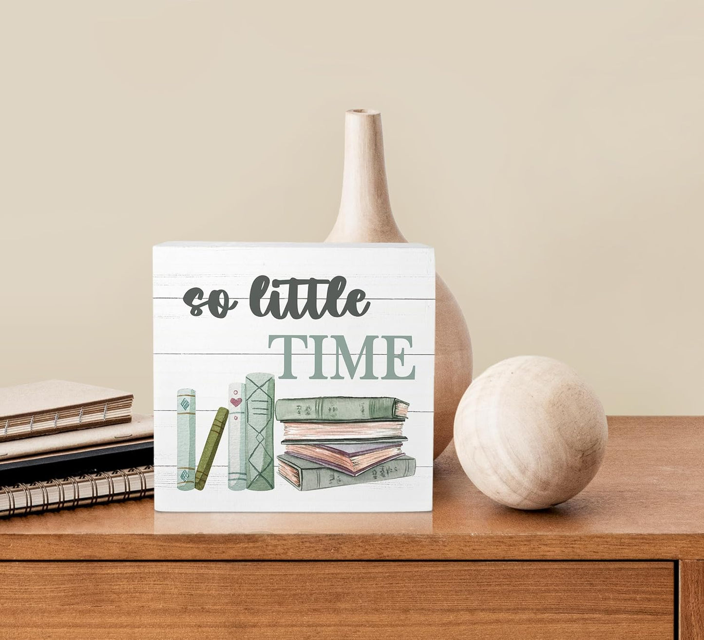 KU-DaYi Book Quote So Little Time Wood Box Sign Rustic Farmhouse Style Wood Block Plaque Decor for Home Reading Room Library Classroom Bookshelf Wall Desk Shelf Decoration,Gifts for Book Lovers