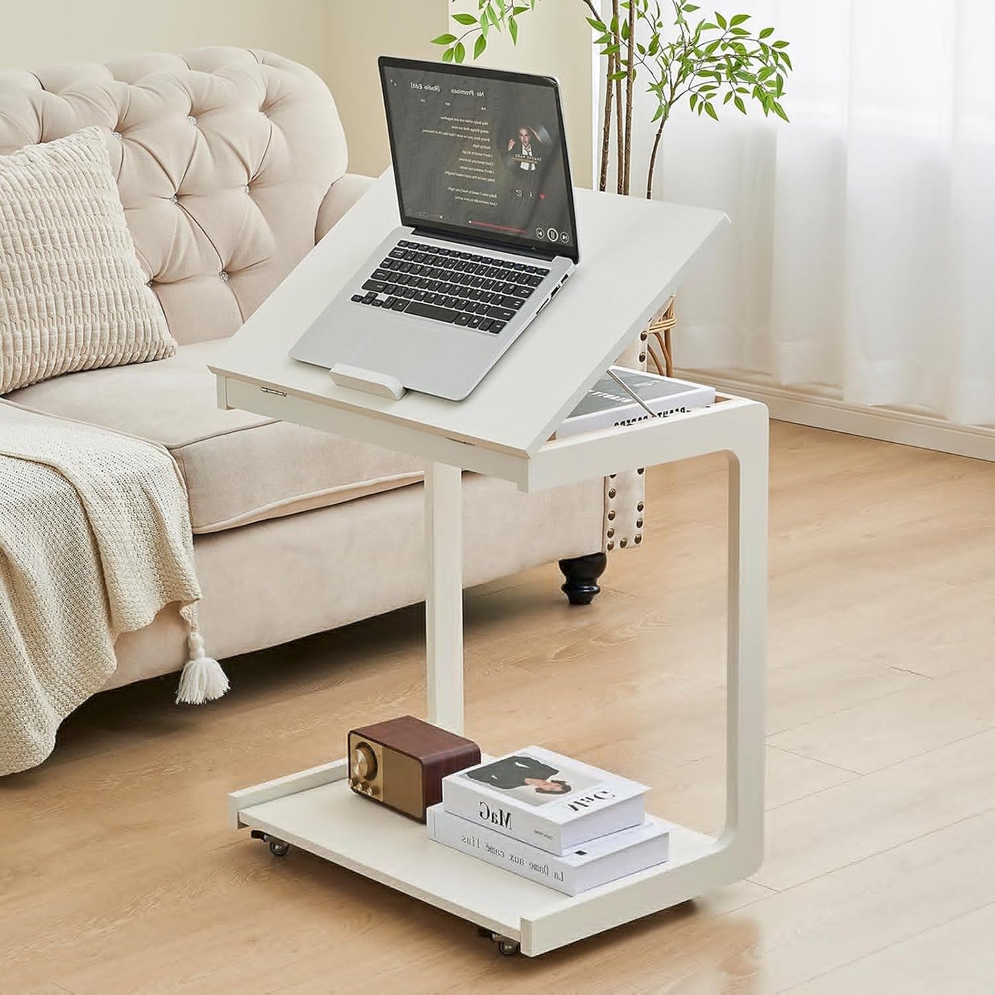 C-Shaped End Table with Wheels - Rolling Side Table for Couch, Solid Wood Modern Adjustable Angles Tv Tray Sofa Tables for Living Room, Bedroom, Home Office, White, 15.4"D x 23.6"W x 24.8"H