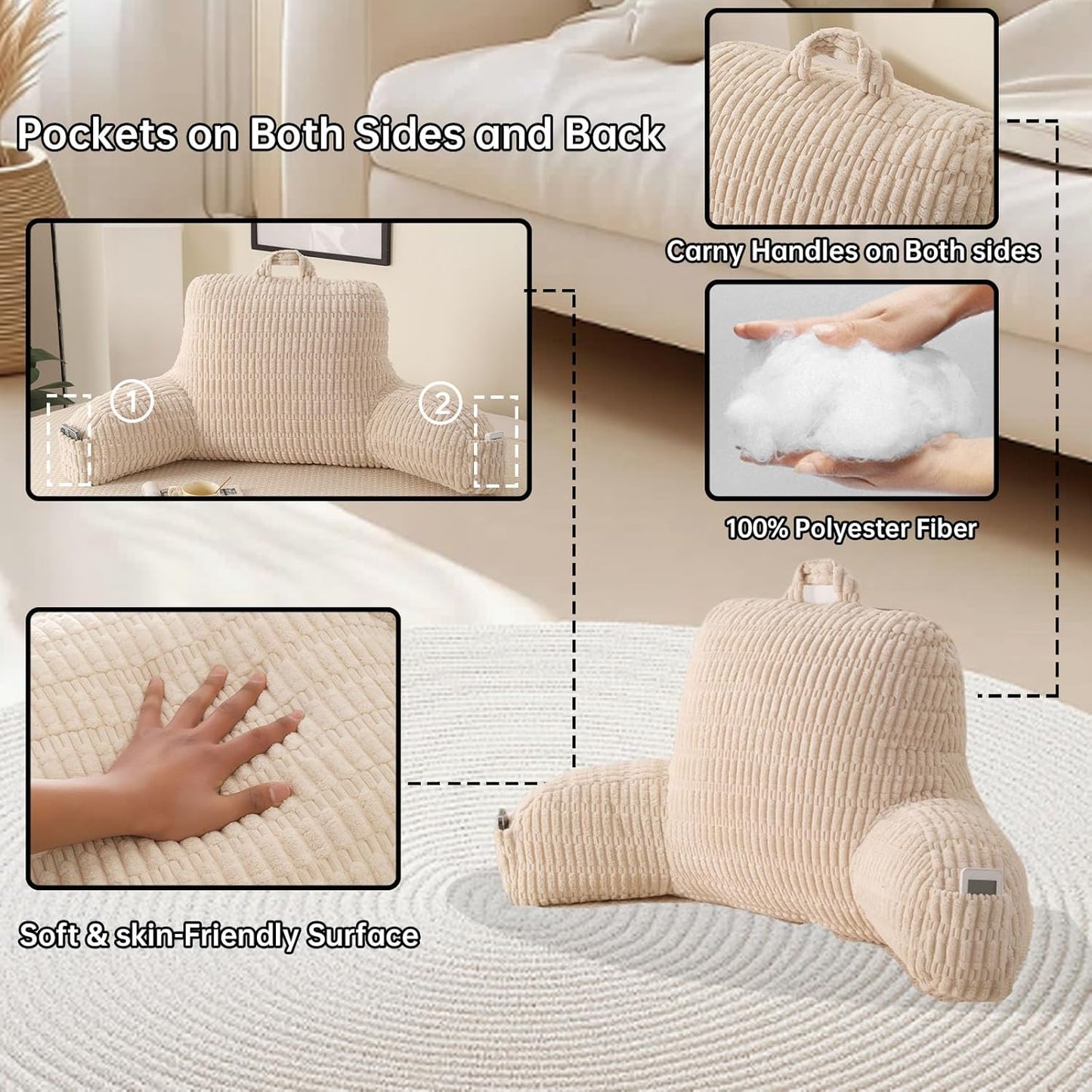 Reading Pillow for Sitting in Bed,Large Backrest Reading Pillow with Arm Rest,Back-Rest Support Cushion for Sit Up on Couch,Sofa,Floor,Dorm Essentials(Cream Corduroy,Large(19"))