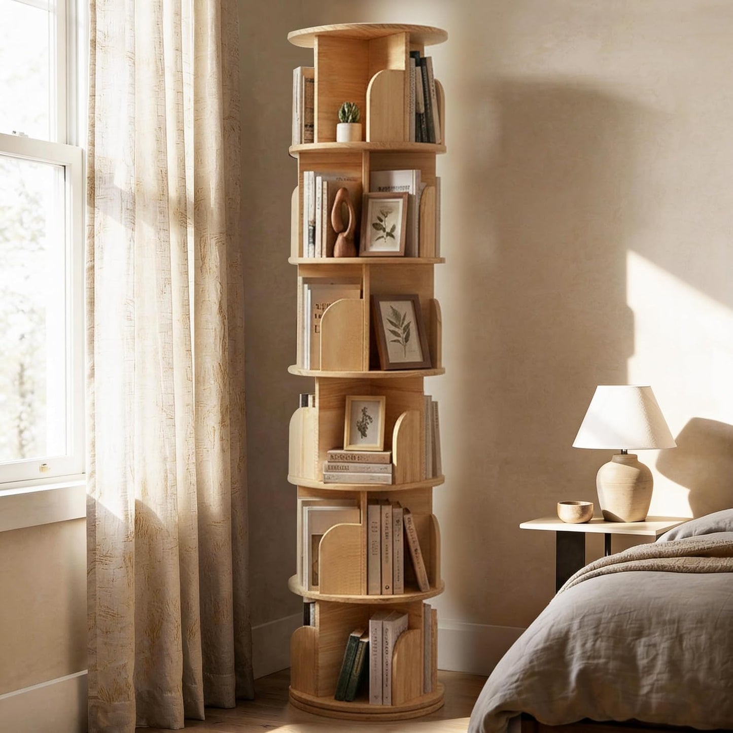 6-Tier Rotating Bookshelf with 18″ Wide Shelves, Solid Wood Bookcase for Living Room, Bedroom & Kids Room, Space-Saving Corner Bookshelf with Lazy Susan Turntable - [Pine]