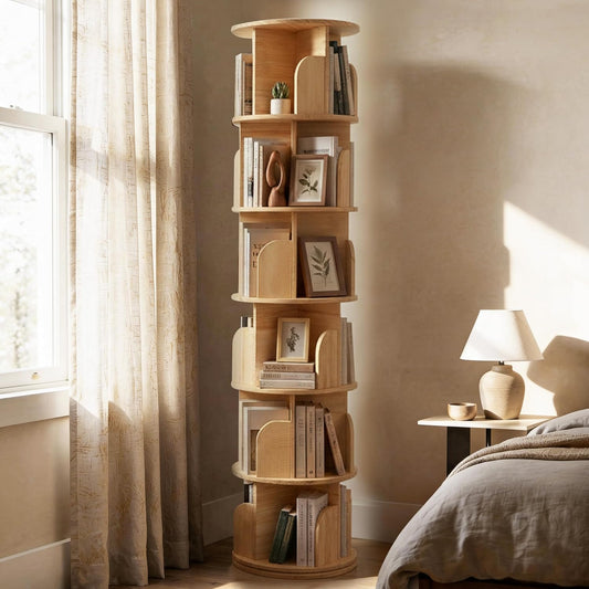 6-Tier Rotating Bookshelf with 18″ Wide Shelves, Solid Wood Bookcase for Living Room, Bedroom & Kids Room, Space-Saving Corner Bookshelf with Lazy Susan Turntable - [Pine]