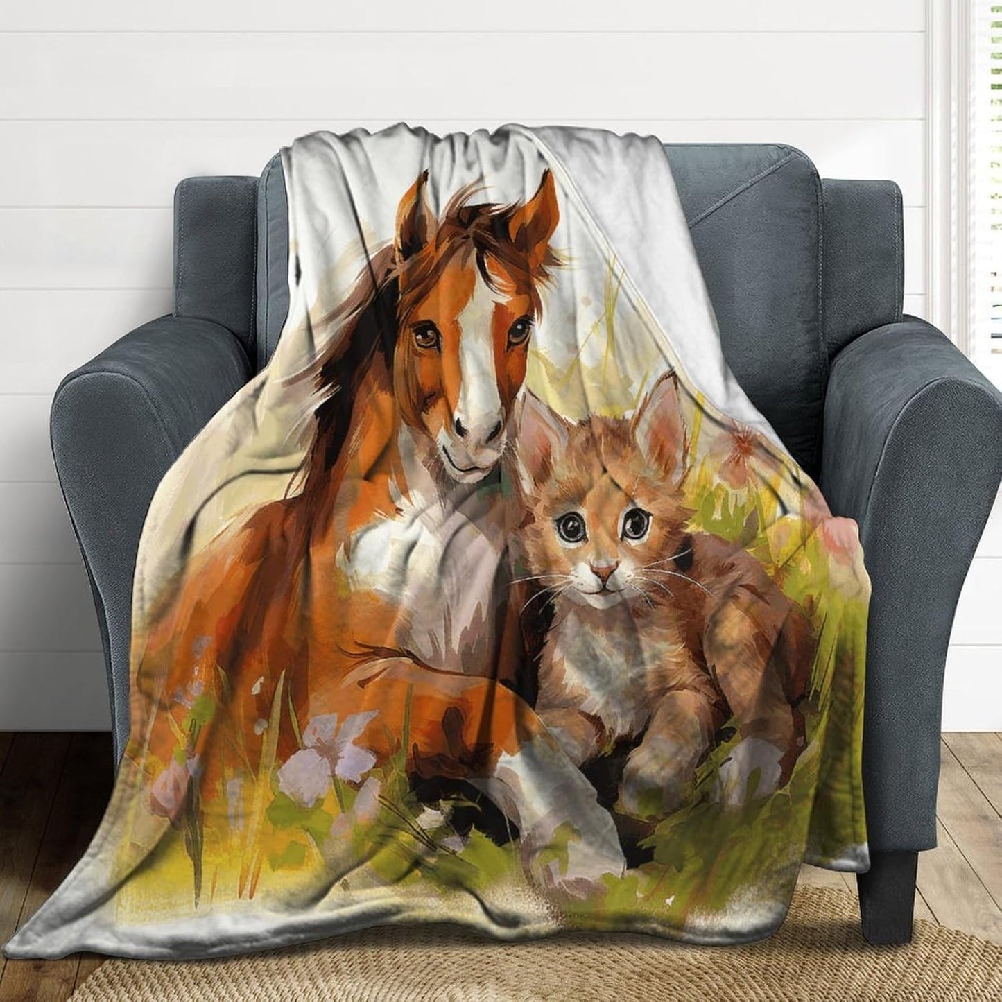 Cute Horse and Cat Throw Blanket for Couch Super Soft Warm Lightweight Throw Blankets Cozy Flannel Bed Blanket Cute Decorative Blankets for All Seasons Home Decor Gift 40"*50" （100 * 130cm）
