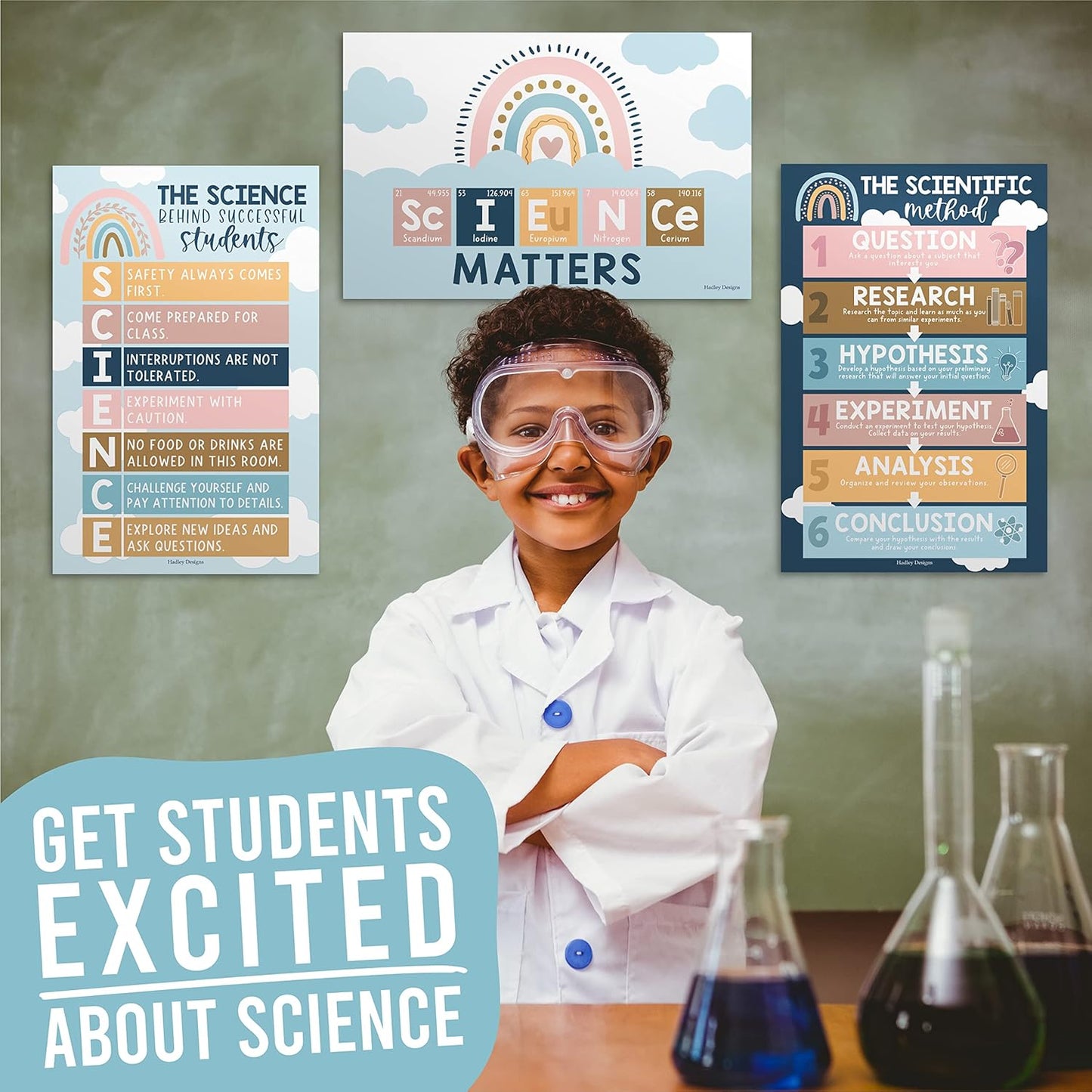 Hadley Designs Science Posters for Classroom Middle School – 4-Pack Periodic Table Poster, Scientific Method Poster & Science Classroom Decor, 11x17 Laminated for Elementary & Homeschool - Boho Theme