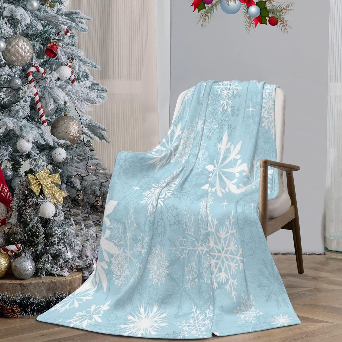 Christmas Throw Blanket for Couch Sofa Blue Snowflake Soft Warm Cozy Fleece Holiday Throw Blanket, Home Decor, Lightweight 40x50 Inches