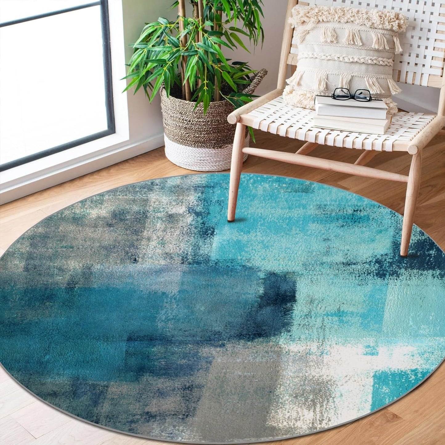 LOKMU Non-Slip Round Area Rugs Turquoise and Grey Abstract Art Home Decor Rugs Carpet for Classroom Living Room Bedroom Dining Kindergarten Room 5'