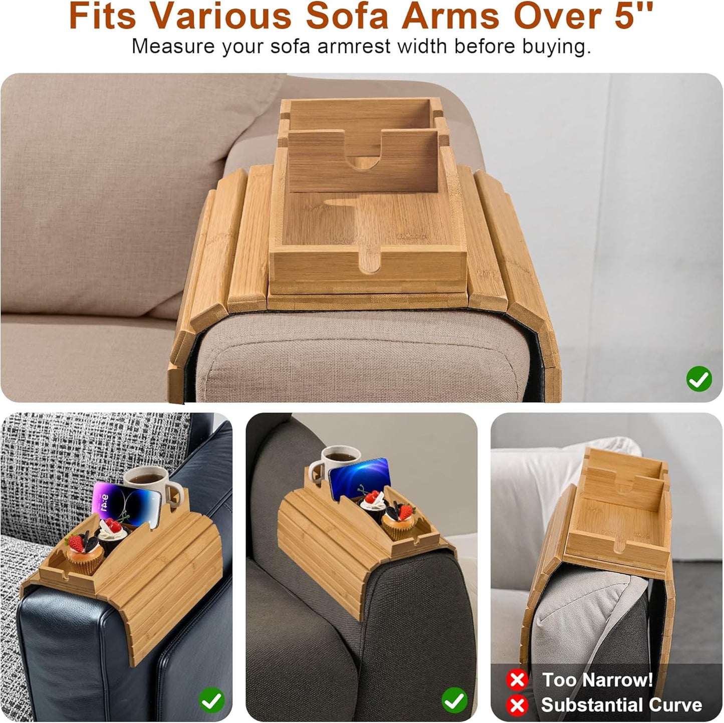 Joy&Grace Couch Cup Holder, 3-in-1 Magnetic Detachable Couch Arm Tray, Bamboo Sofa Armrest Table with Anti-Slip Pad, Sofa Armrest Tray Table (Natural)