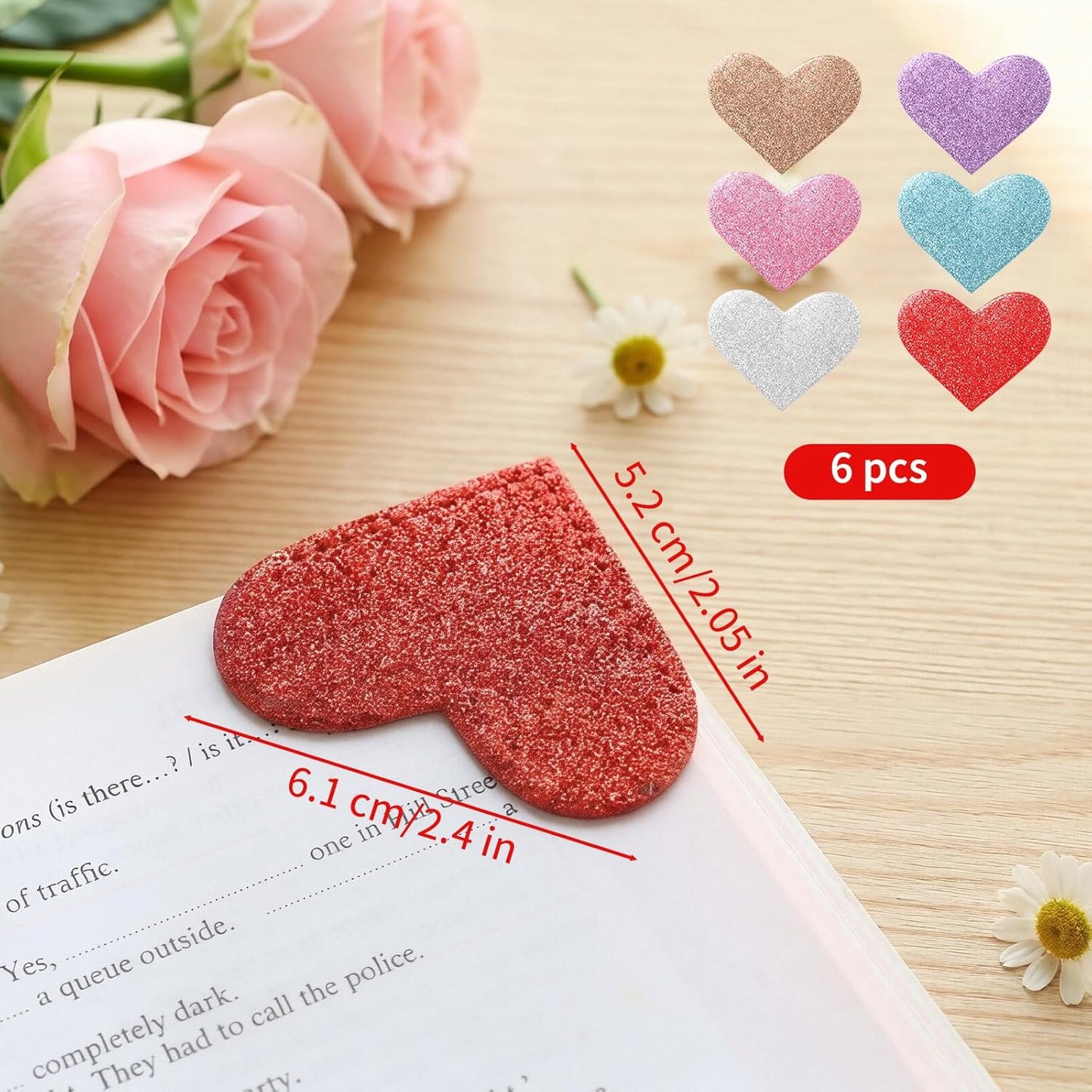 6Pcs Leather Love Heart Bookmarks - Colorful & Bling Corner Page Book Marks for Teachers Students Book Reading Lovers - Cute Heart Book Page Holder for Girls Women - Handmade Reading Gifts