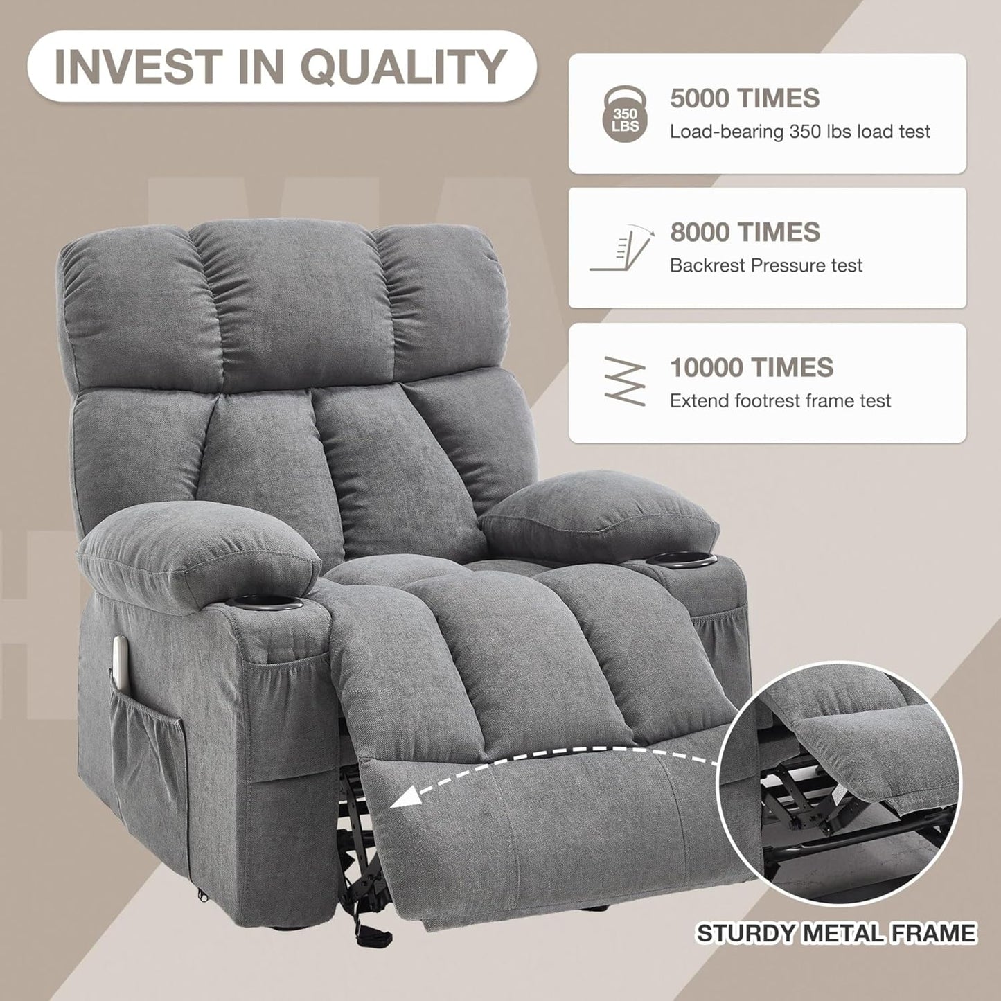 Ergonomic Rocking Lounge Chair Massage Rocker Recliner Chair for Living Room Comfy Overstuffed Recliner with Heat and Vibration Grey with USB Charge Port 4 Side Pockets 2 Cup Holders