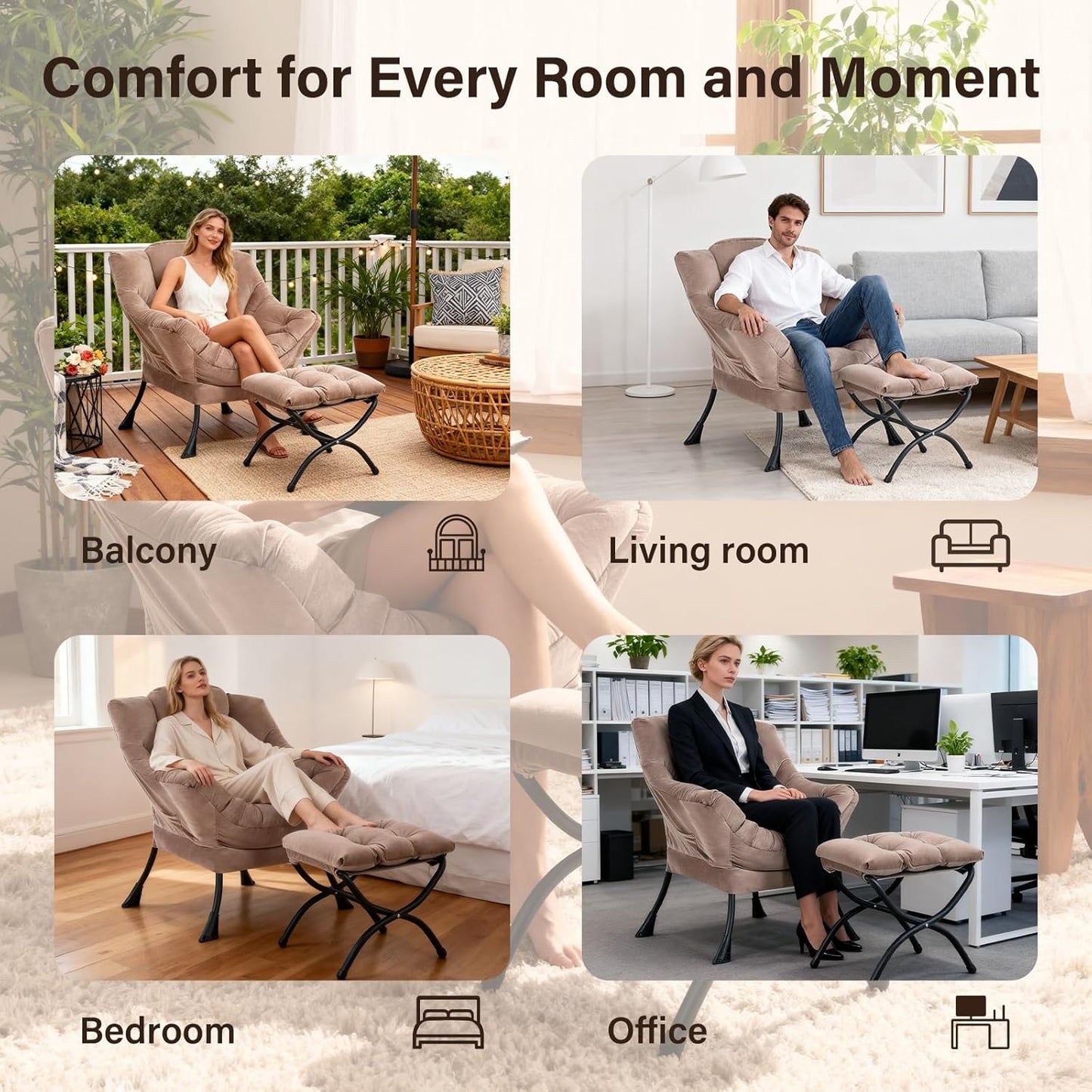 Lazy Chair with Ottoman, Modern Accent Chair Contemporary Sofa Chair with Armrests, Reading Chair and Folding Footstool Set for Living Room, Bedroom, Office, Khaki