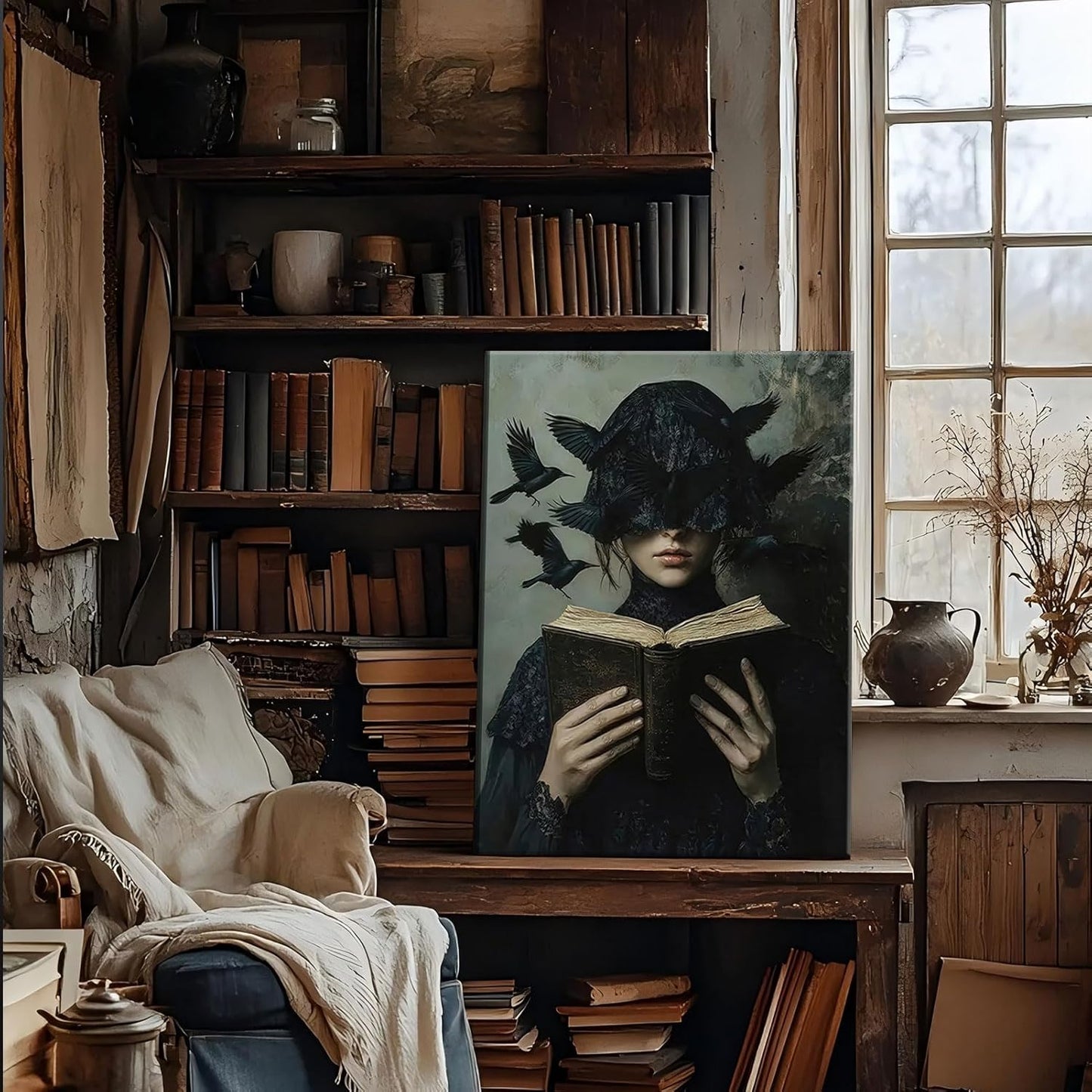 Dark Academia Canvas Wall Art Gothic Victorian Woman Reading Book Wall Decor Picture Moody Dark Crow Aesthetic Poster Print for Gallery Living Room Bedroom Home Decoration 12x16in