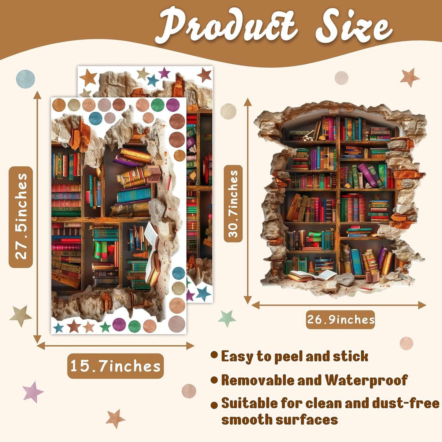 Large Vintage Book Wall Stickers 3D Broken Wall Decals Peel and Stick Reading Room Art Murals Read Signs Vinyl Decal Bookshelf Art Decorations DIY Walls Sticker for School Library Classroom Home Decor