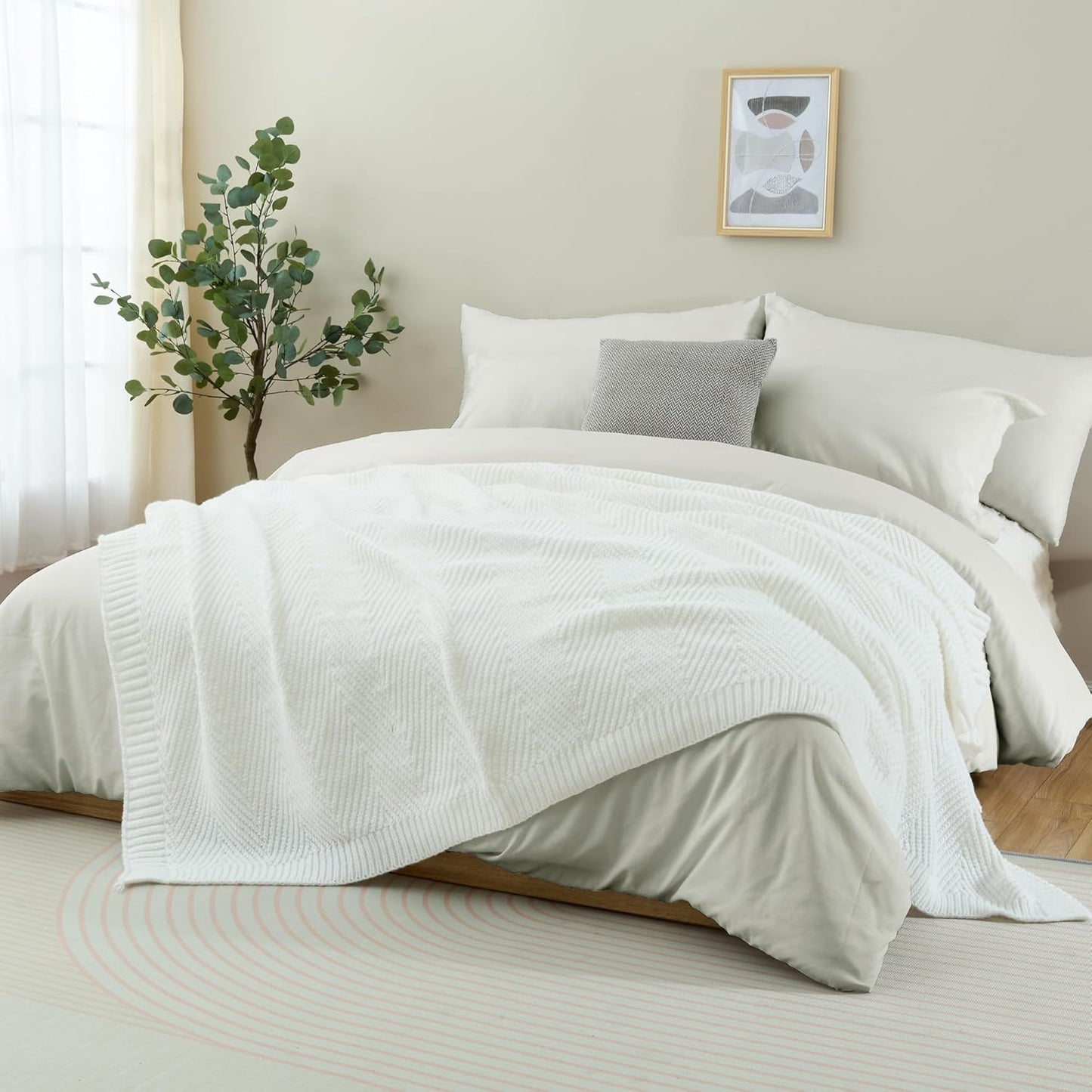 Knitted Throw Blanket 60"X80", White Knit Throws for Bed, Super Soft Boho Chevron Blankets for Couch Sofa Chair Room Decor, Textured Decorative Farmhouse Cozy Lightweight
