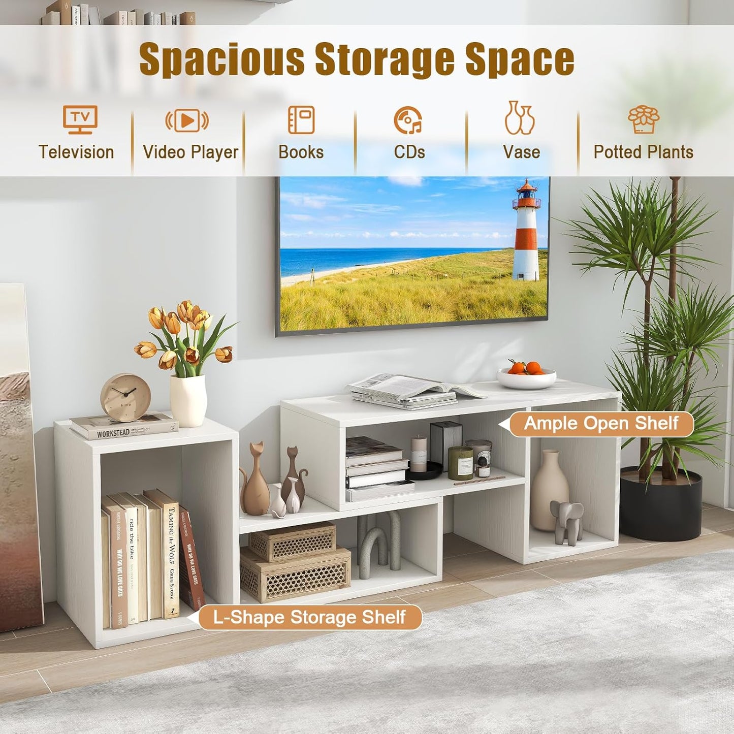 LDAILY L-Shaped TV Stand, TV Entertainment Center with 4 Storage Cubes & Rotating Shelves, Wood Bookcase for TVs up to 55 Inch, Sturdy Free-Combination Console Table for Living Room, Bedroom (White)